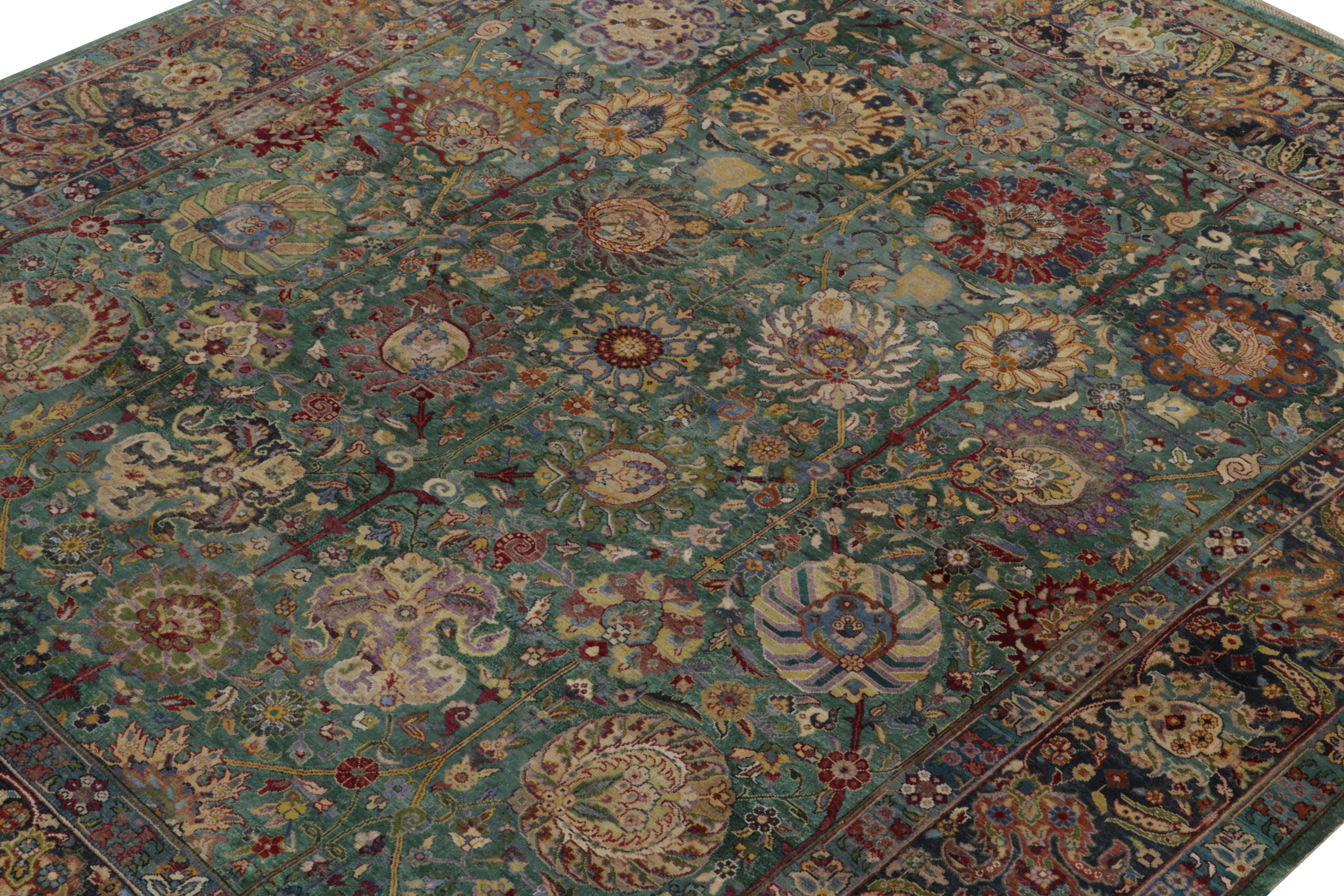 Indian Rug & Kilim’s Classic Garden Style Rug in Green, Blue and Polychromatic Florals For Sale