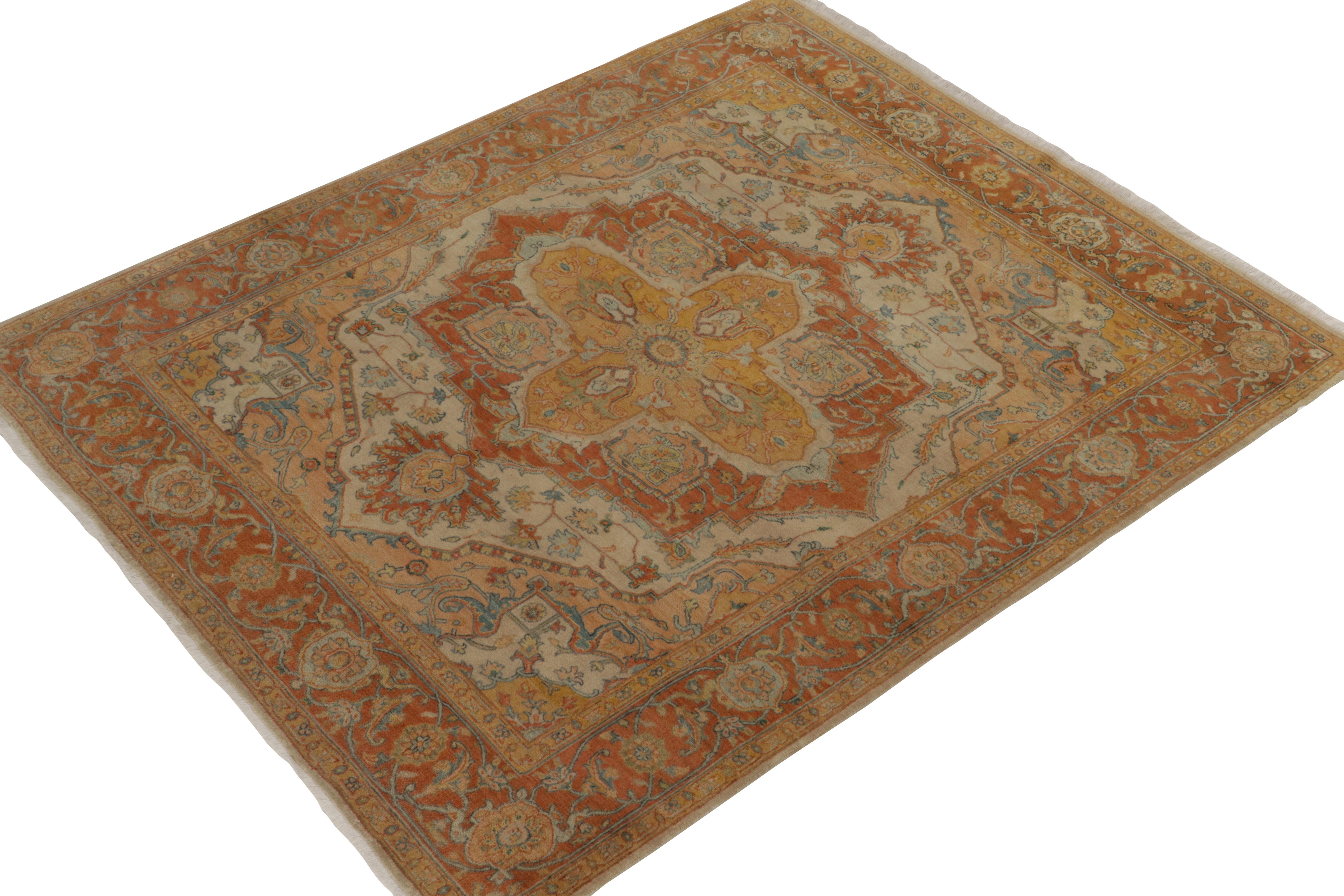 Hand-knotted in wool, this 5x7 from our Modern Classics collection draws inspiration from coveted antique Heriz Persian rugs. 

On the Design: Floral patterns enfold a regal medallion in gold and red, exemplary of the warmth and gravity of Heriz