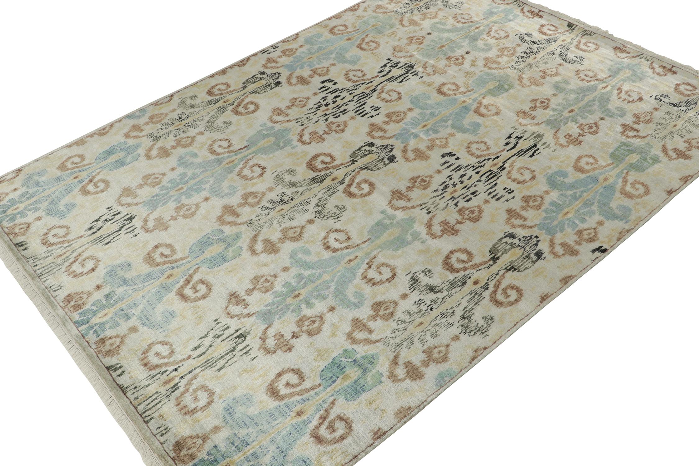 A 9x12 rug inspired from traditional rug styles, from Rug & Kilim’s Modern Classics Collection. Hand-knotted in wool, playing an exceptional blue beside beige-brown in repeated patterns with classic grace.
Further On the Design:
The emphasis of