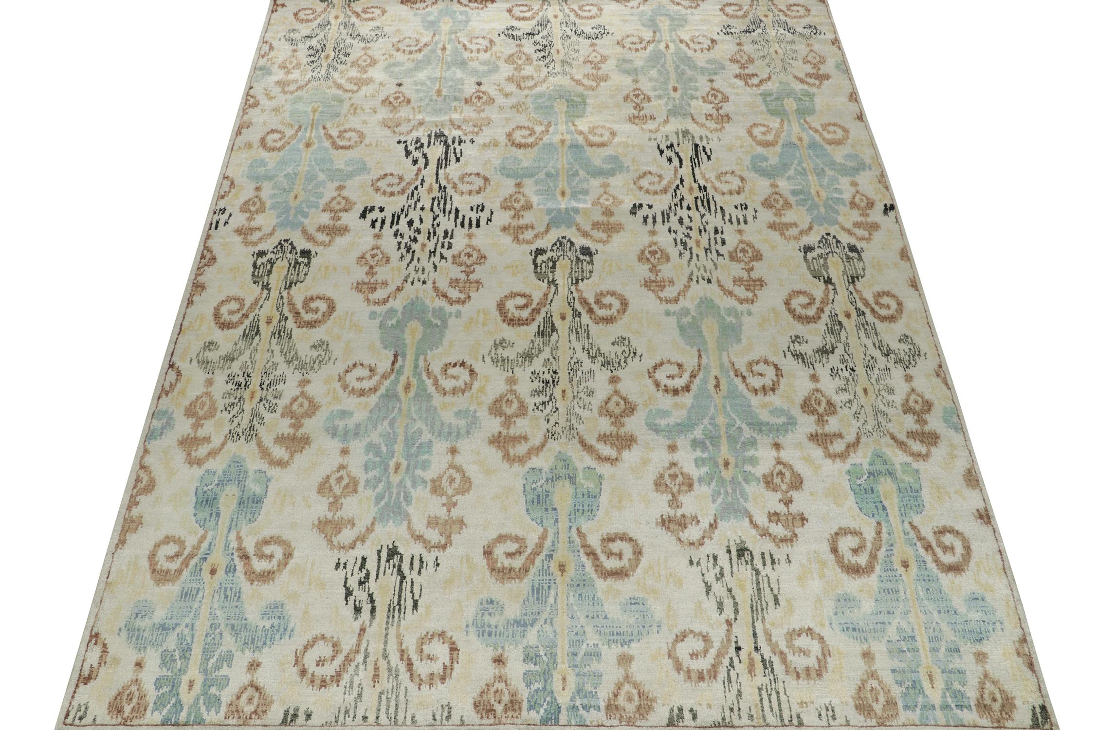 Indiano Rug & Kilim è un tappeto classico in stile Ikats con motivi blu, beige, marroni e neri. in vendita