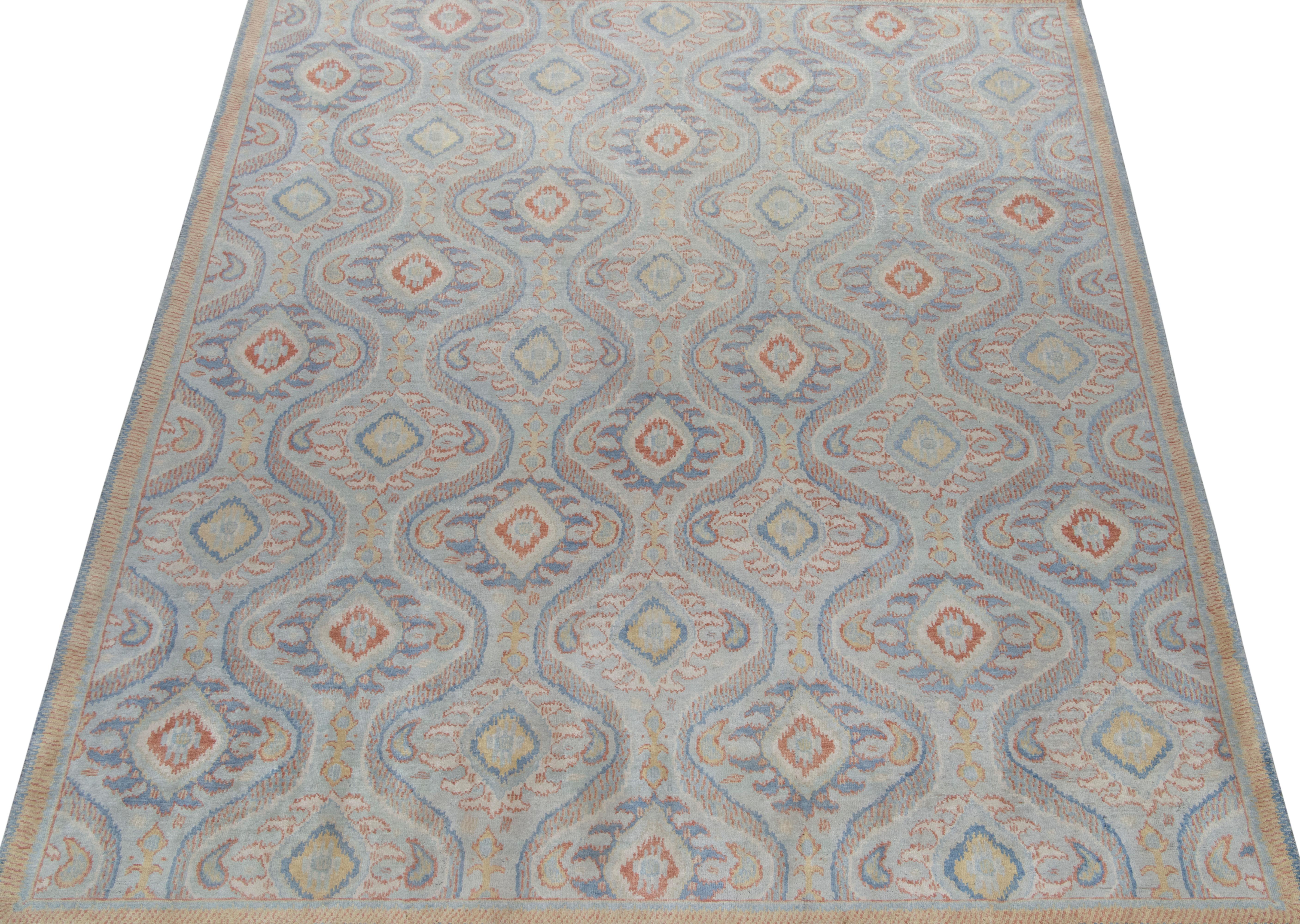 Modern Rug & Kilim’s Classic Ikats style rug with Blue, Gold and Rust Red Patterns  For Sale