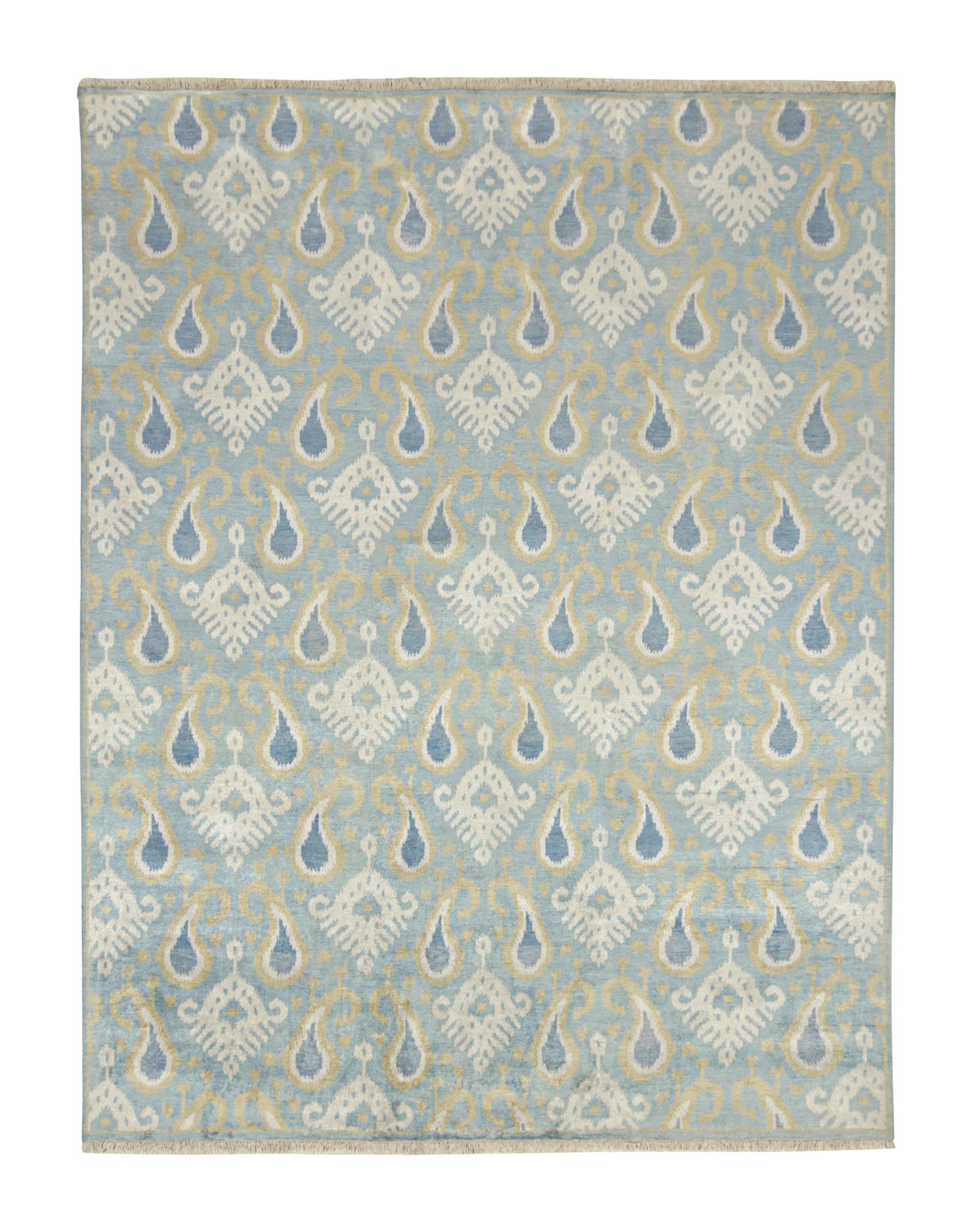 Rug & Kilim’s Classic Ikats Style Rug with Gold, White and Blue Patterns For Sale