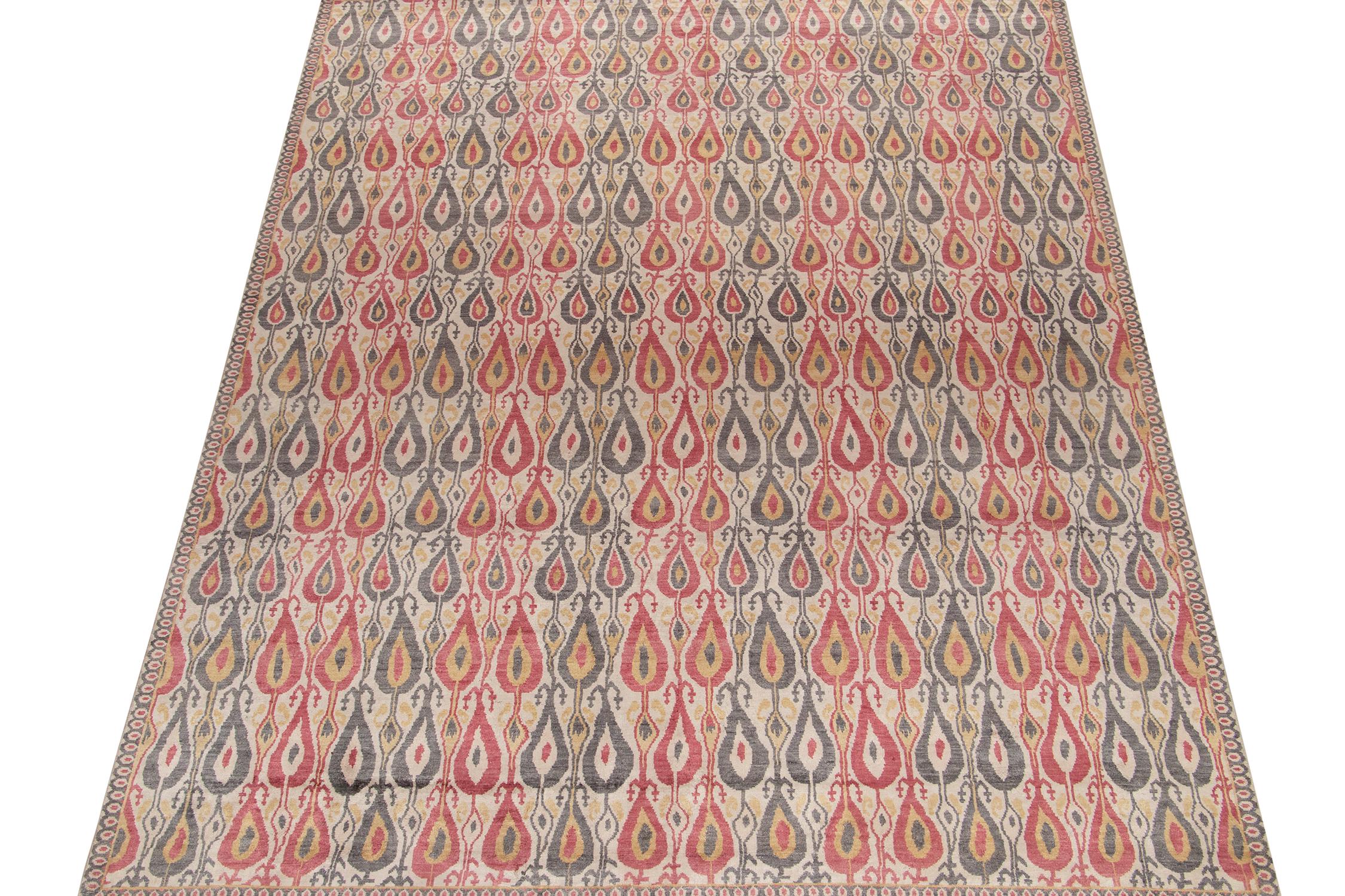 Indian Rug & Kilim’s Classic Ikats Style Rug with Red, Gray and Gold Patterns For Sale