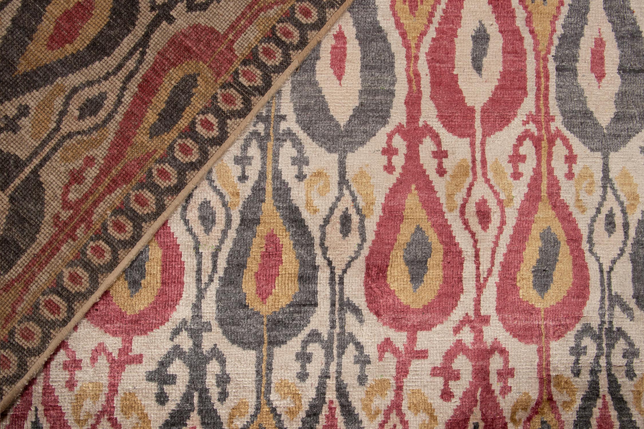 Wool Rug & Kilim’s Classic Ikats Style Rug with Red, Gray and Gold Patterns For Sale