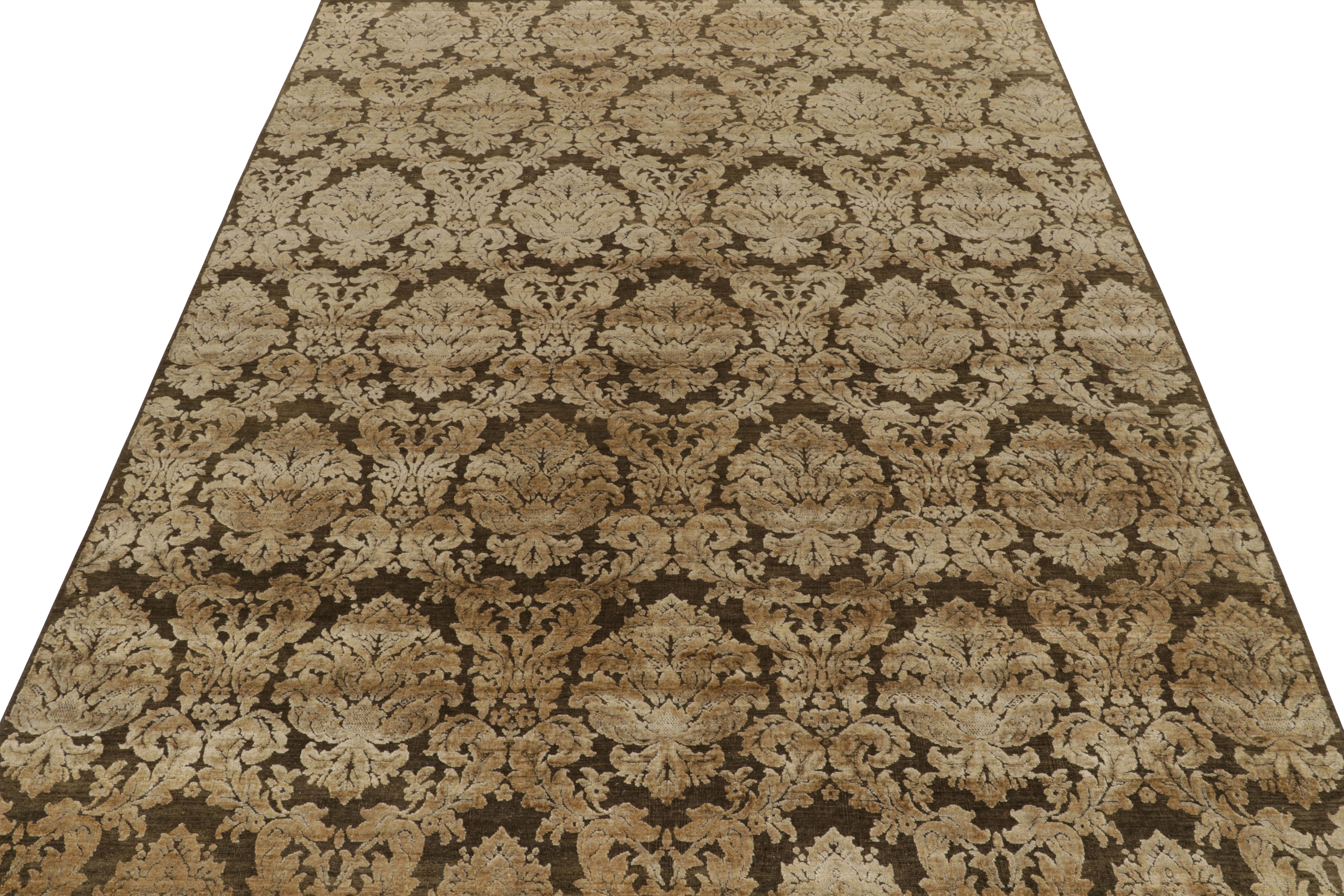 Indian Rug & Kilim’s Classic Italian style rug in Brown with Gold Floral Patterns For Sale