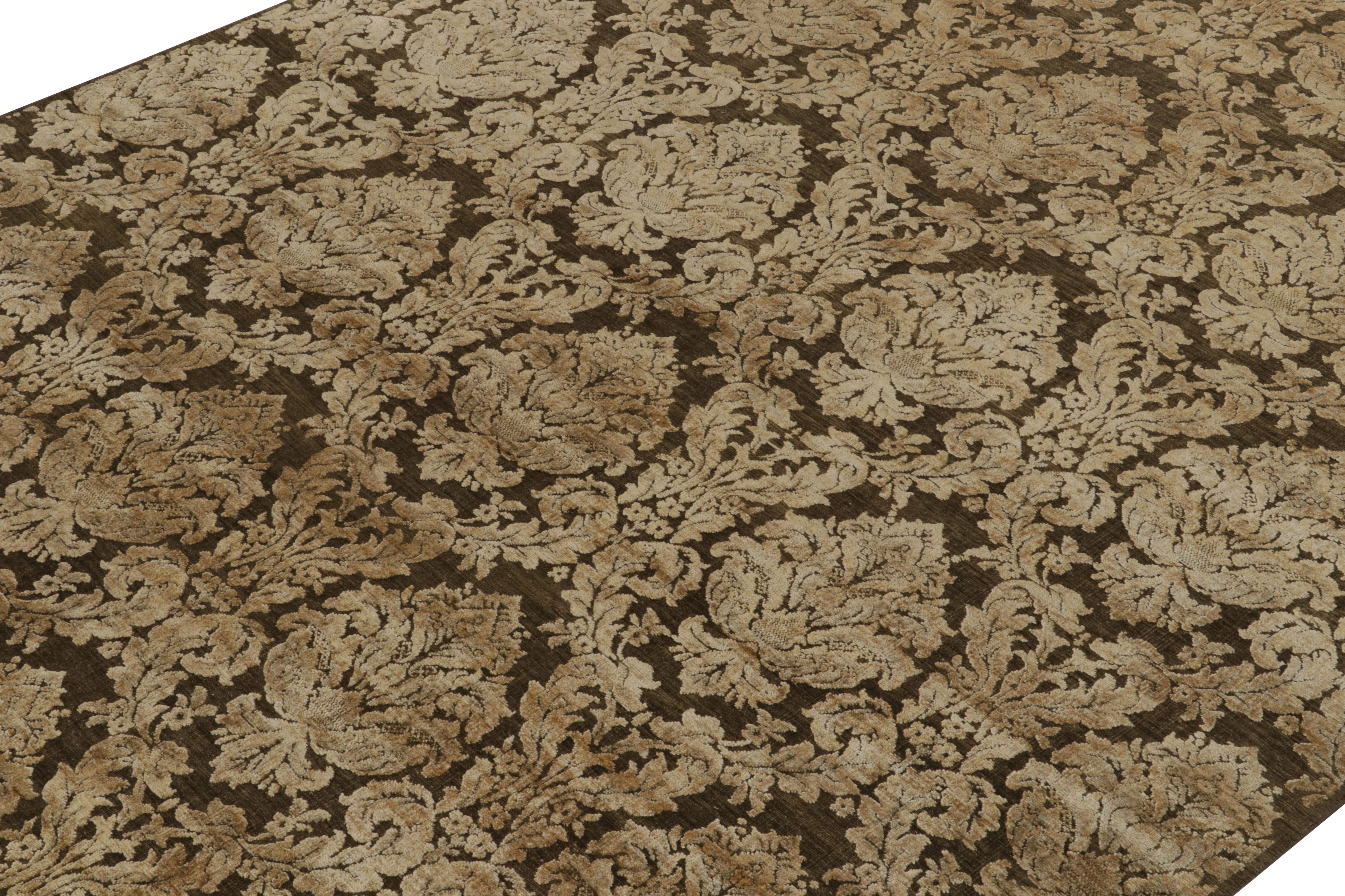 Hand-Knotted Rug & Kilim’s Classic Italian style rug in Brown with Gold Floral Patterns For Sale