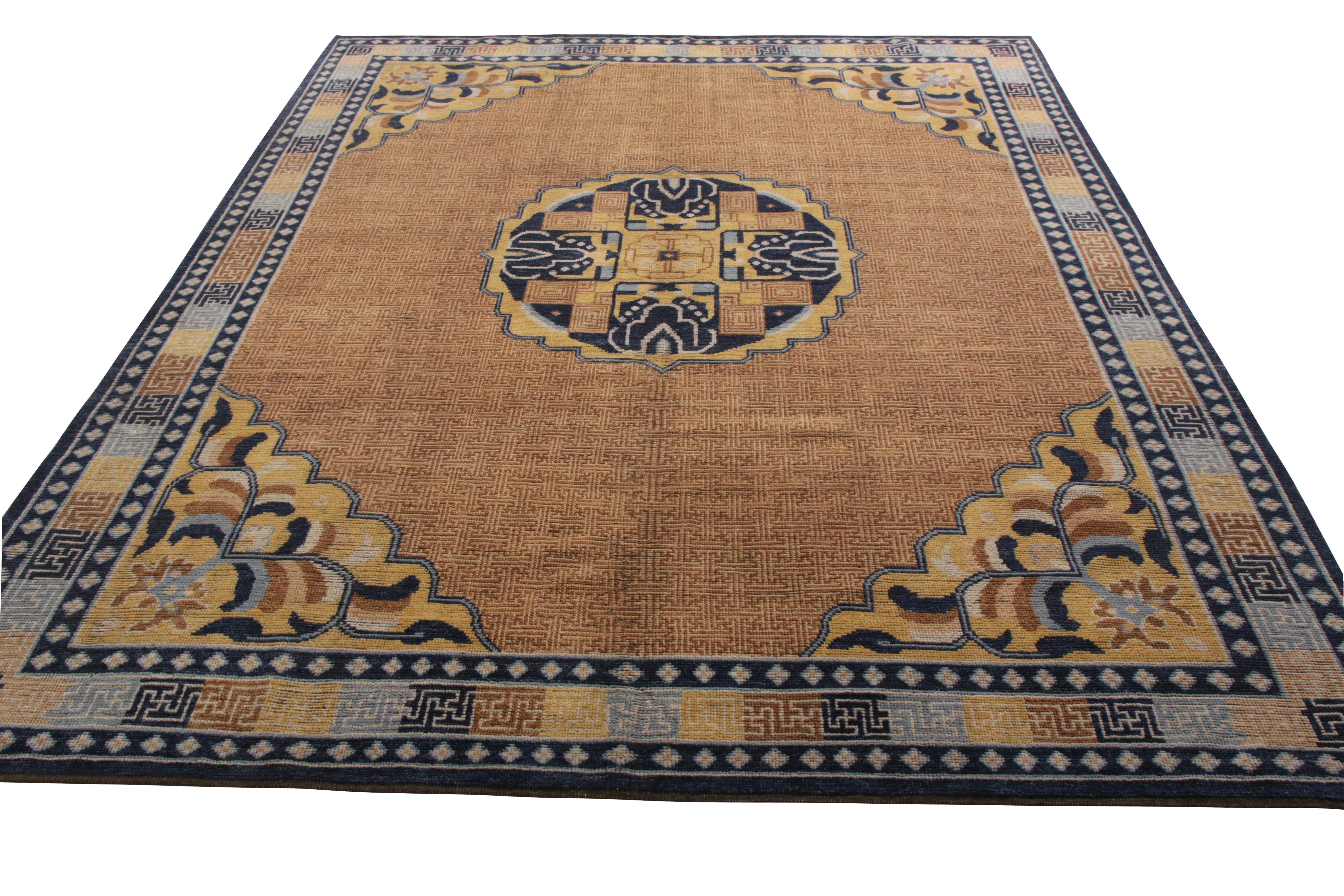 An 8 x 10 ode to classic Kangxia rug styles of renown, from Rug & Kilim’s Burano Collection. Hand knotted in wool, enjoying a regal medallion pattern in beige-brown and blue with gold-yellow accents. The pattern enjoys natural depth atop forgiving