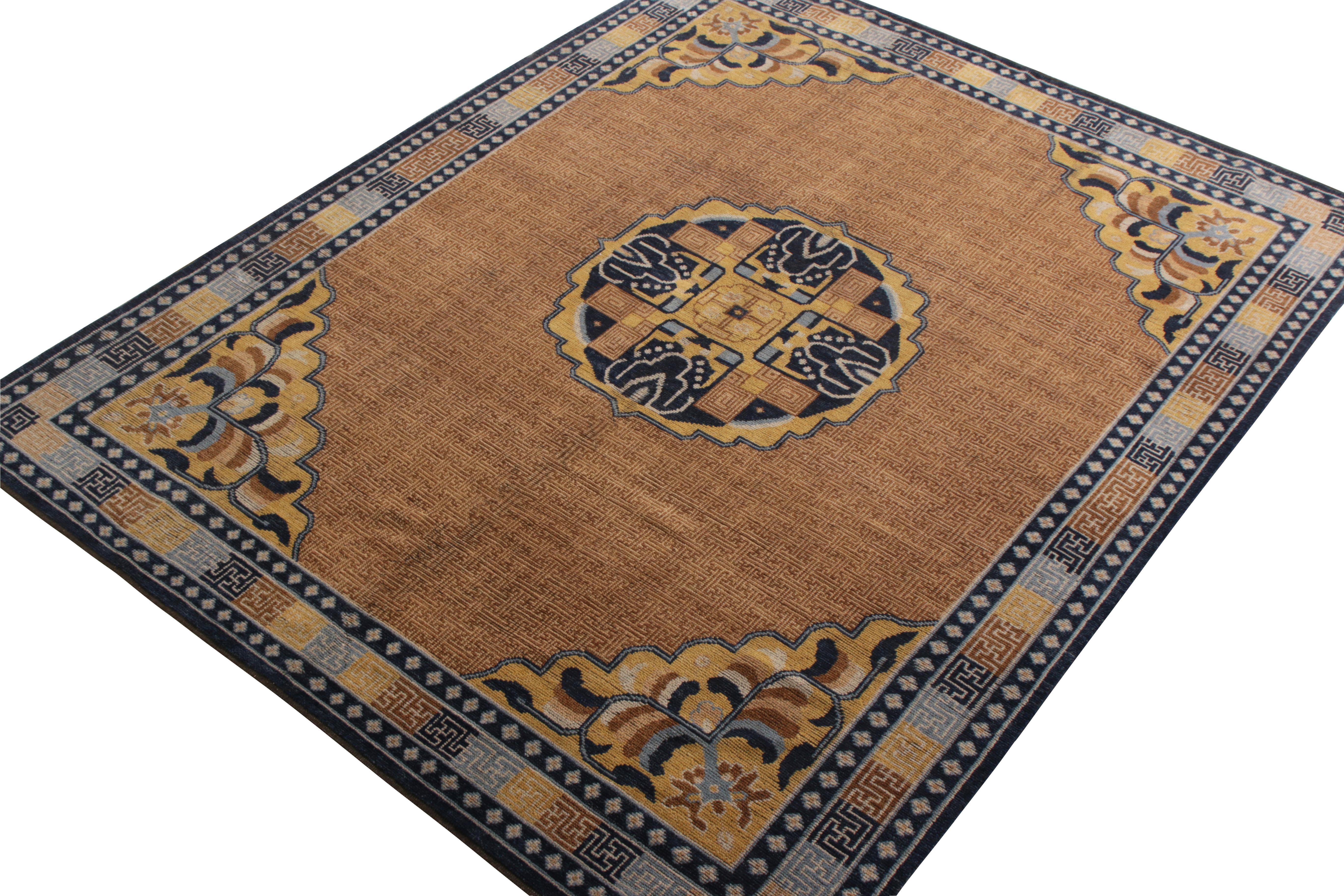 Modern Rug & Kilim’s Classic Kangxia Style Rug in Brown and Blue Medallion Pattern For Sale