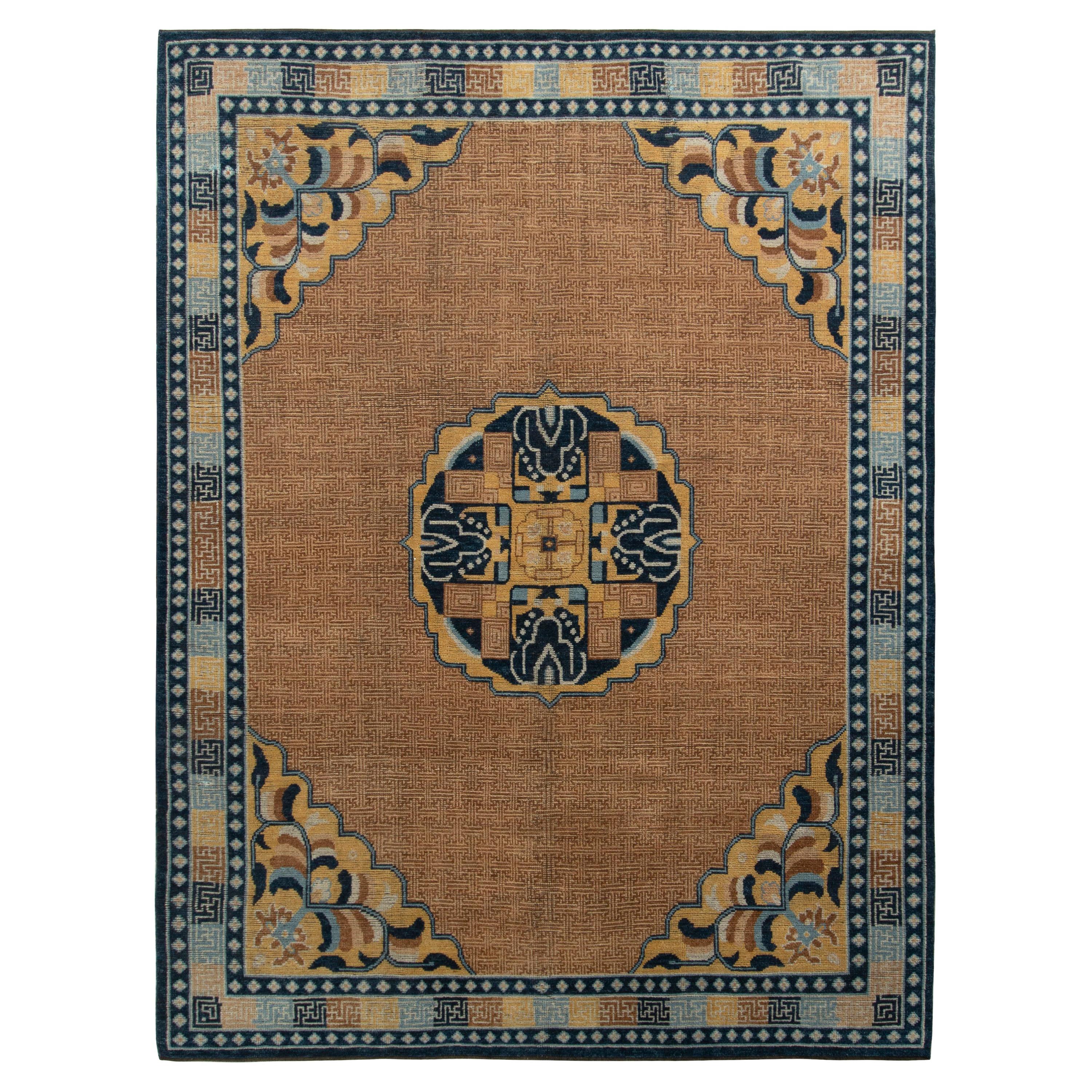 Rug & Kilim’s Classic Kangxia Style Rug in Brown and Blue Medallion Pattern