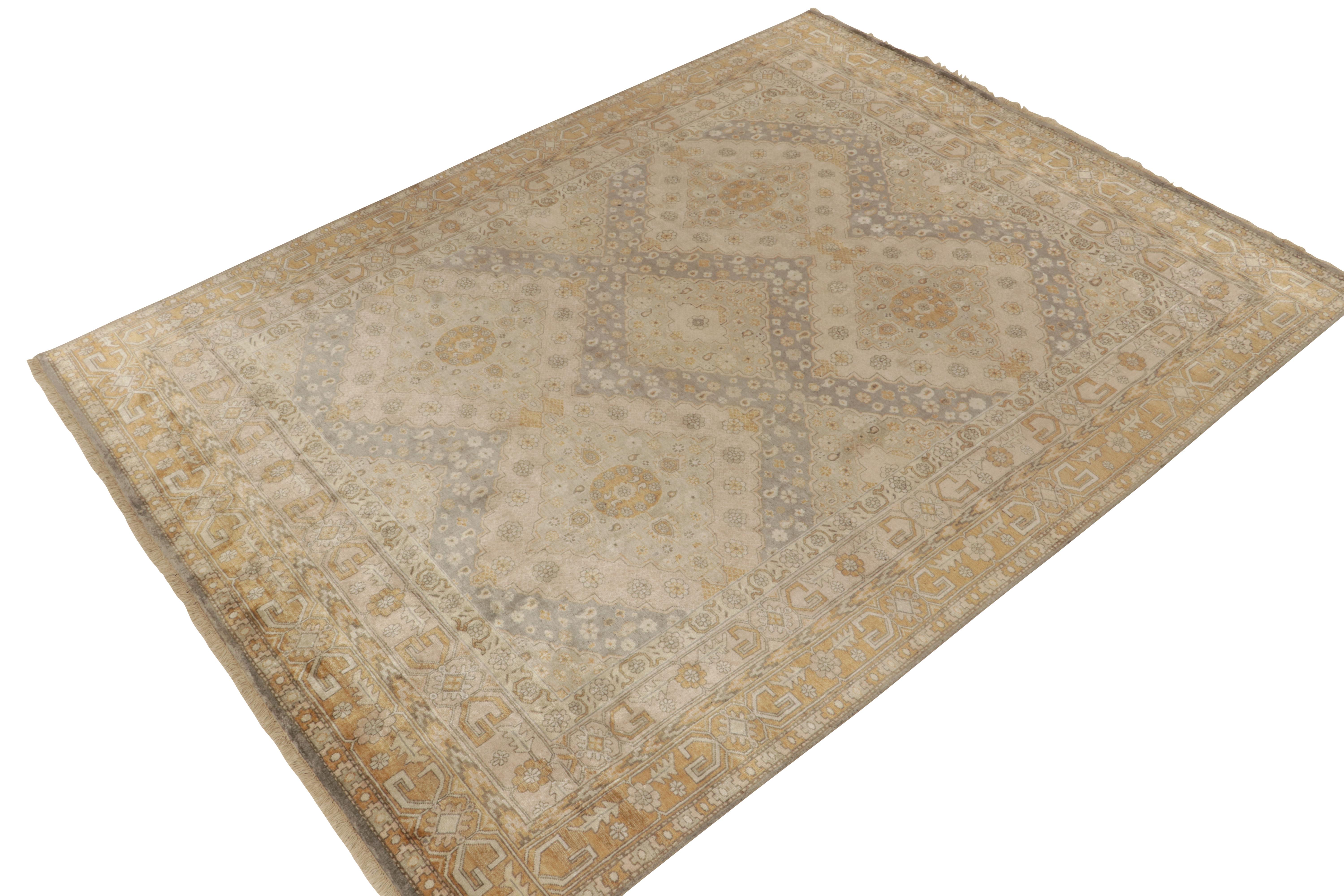 Hand-knotted in luxurious silk, this 9x12 contemporary rug from our Modern Classics collection marries a unique array of regal inspirations. Marrying Khotan and Moroccan sensibilities, the pattern harmonizes diamond and trellises with meticulous