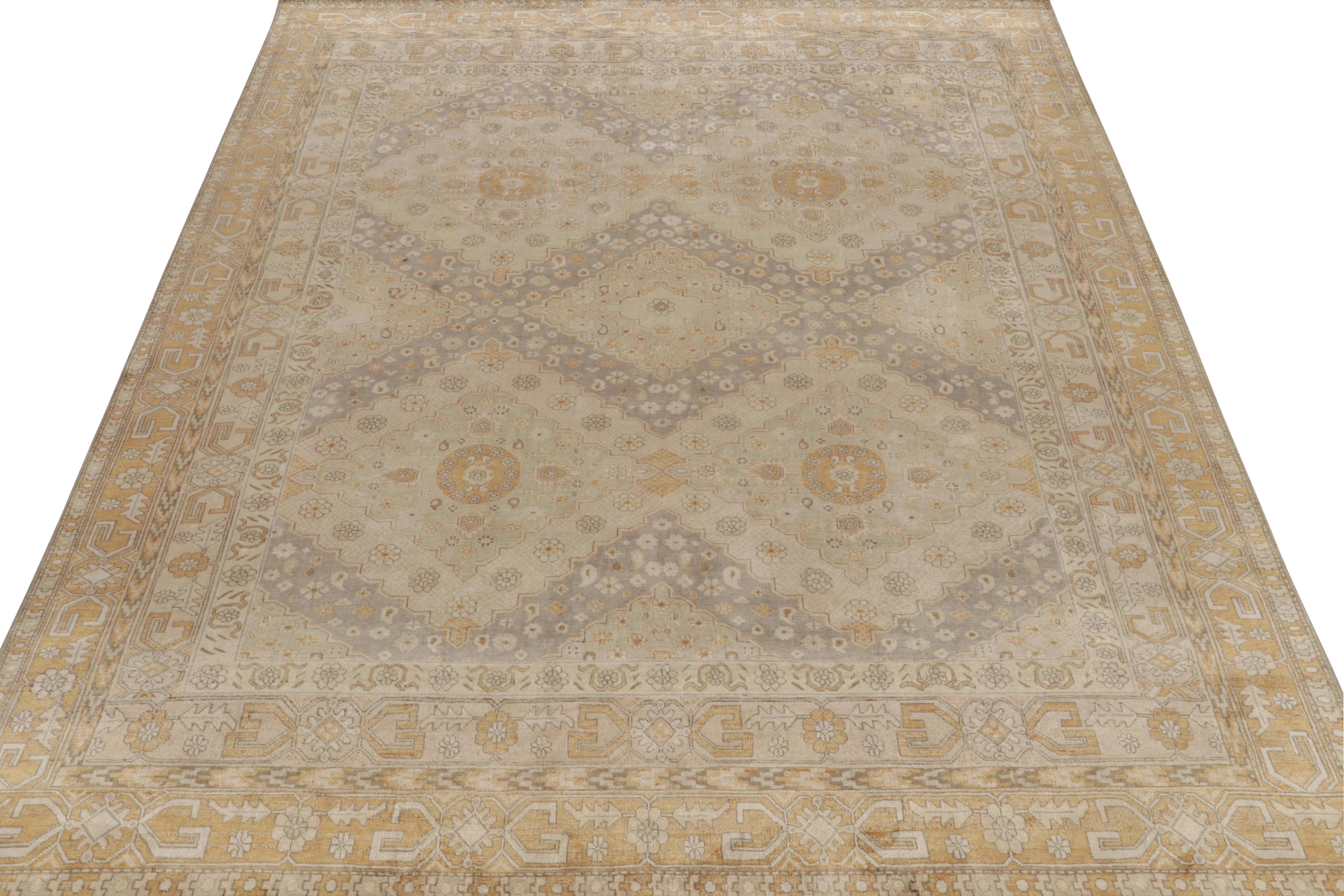 Indian Rug & Kilim’s Classic Khotan style rug in Beige & Gold Diamonds, Floral Patterns For Sale