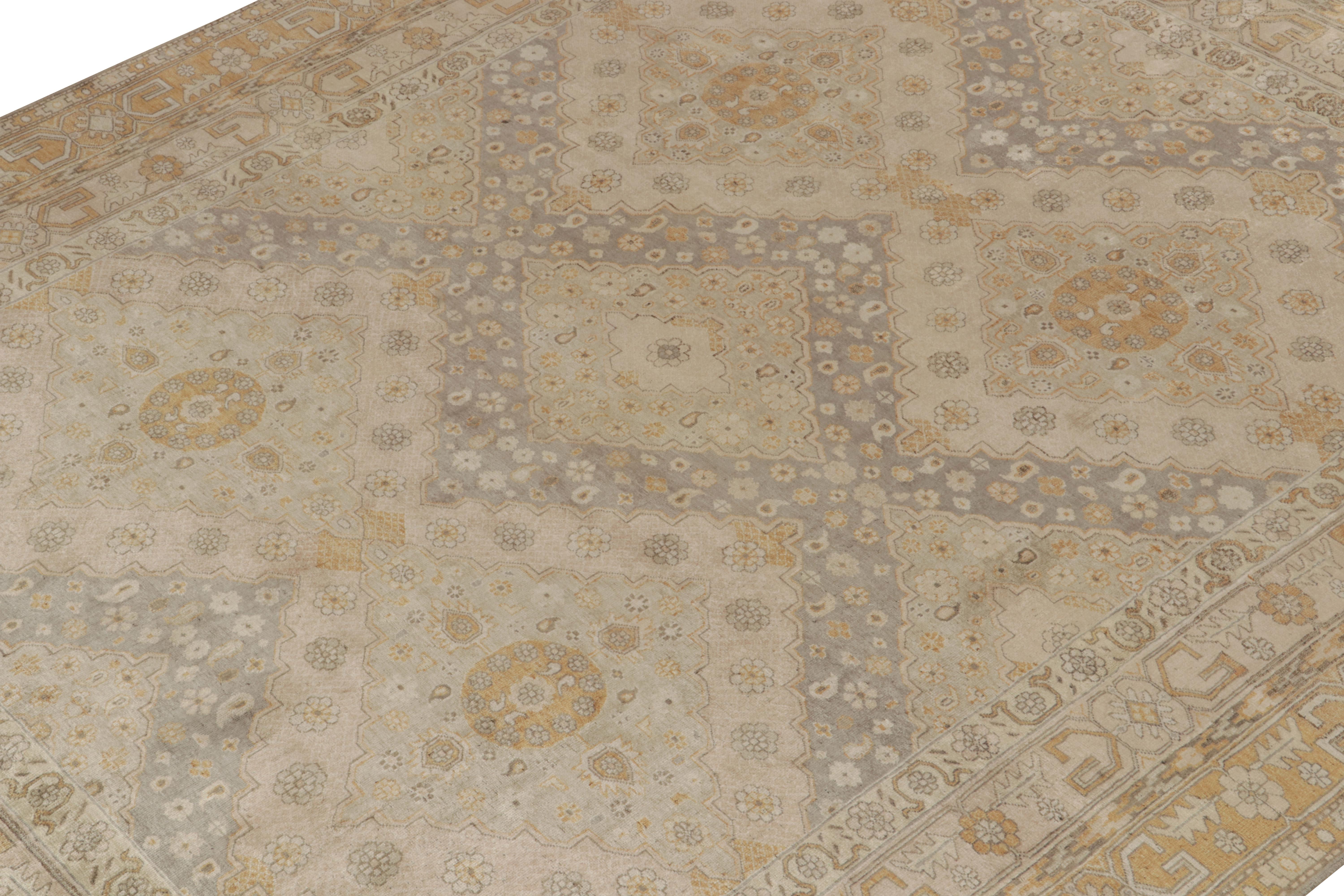 Hand-Knotted Rug & Kilim’s Classic Khotan style rug in Beige & Gold Diamonds, Floral Patterns For Sale