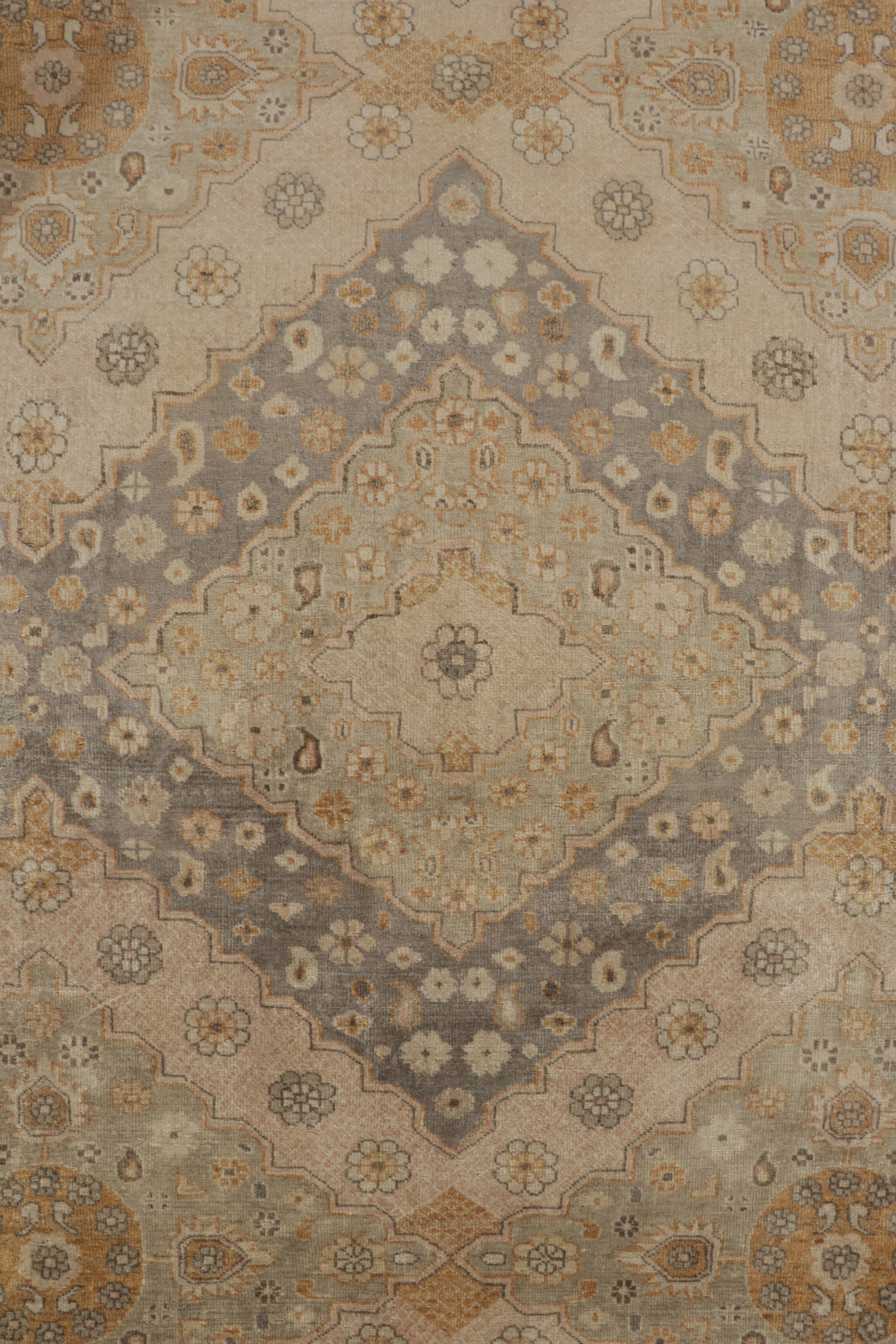 Contemporary Rug & Kilim’s Classic Khotan style rug in Beige & Gold Diamonds, Floral Patterns For Sale