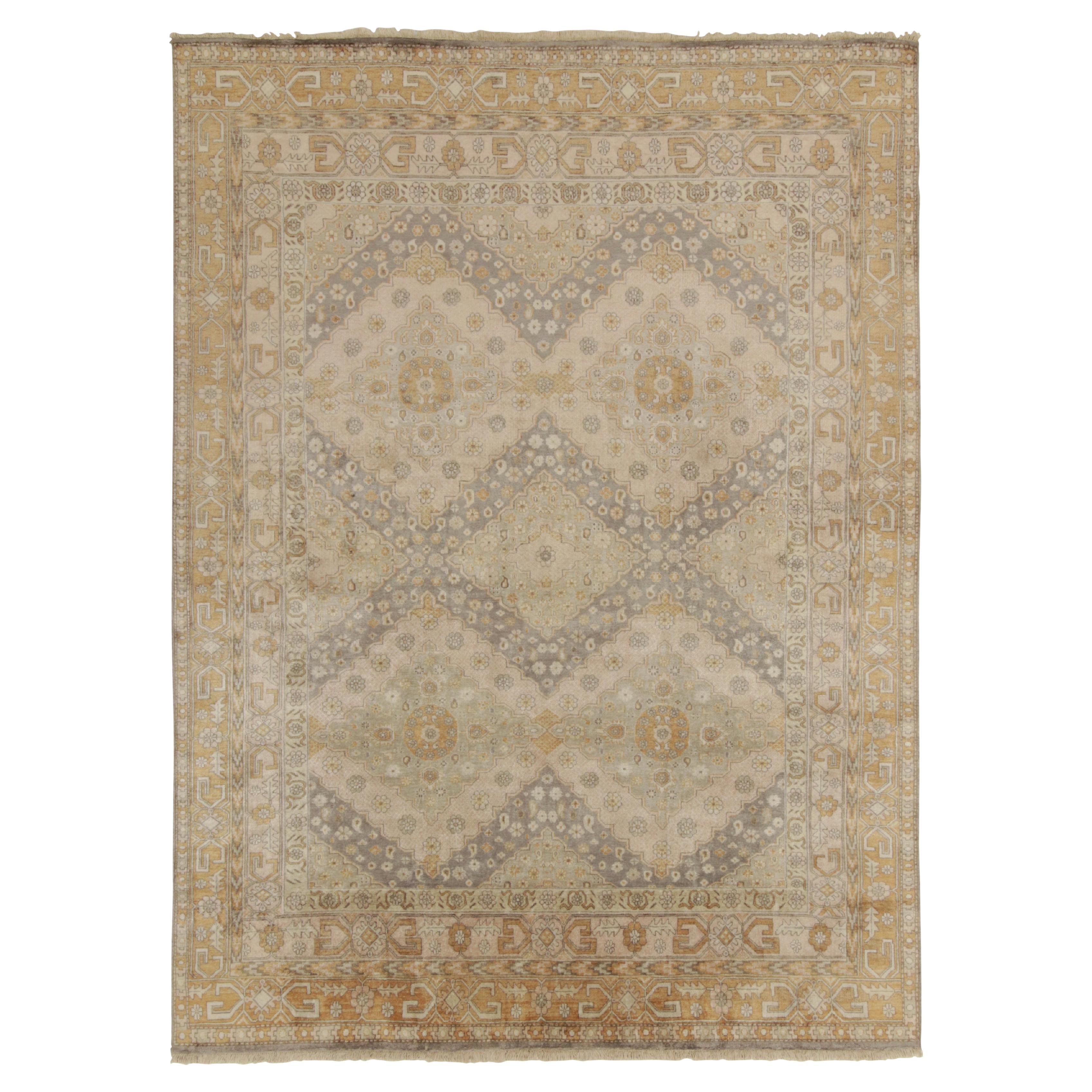 Rug & Kilim’s Classic Khotan style rug in Beige & Gold Diamonds, Floral Patterns For Sale
