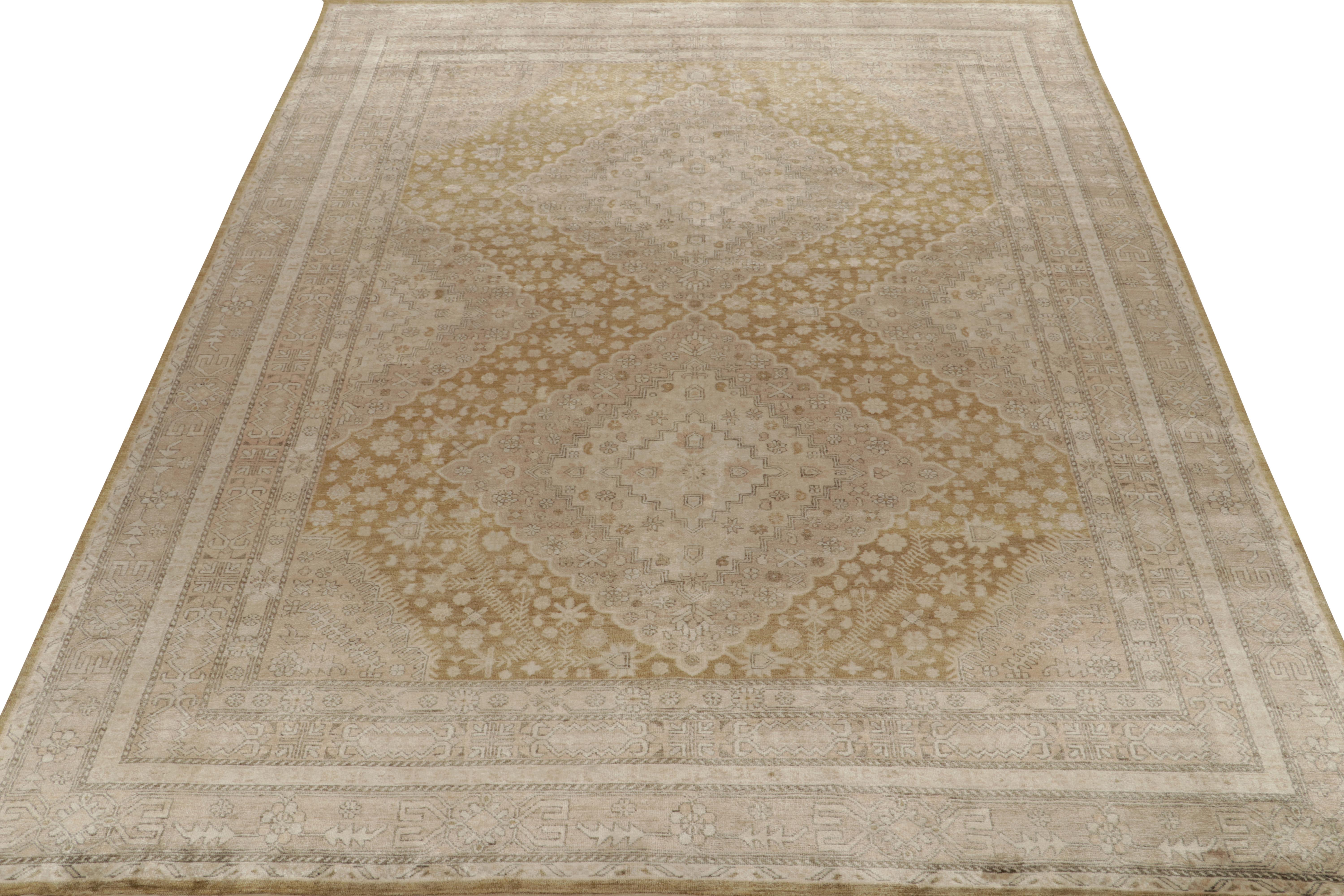 Indian Rug & Kilim’s Classic Khotan Style Rug in Beige & Pink Diamonds, Floral Patterns For Sale