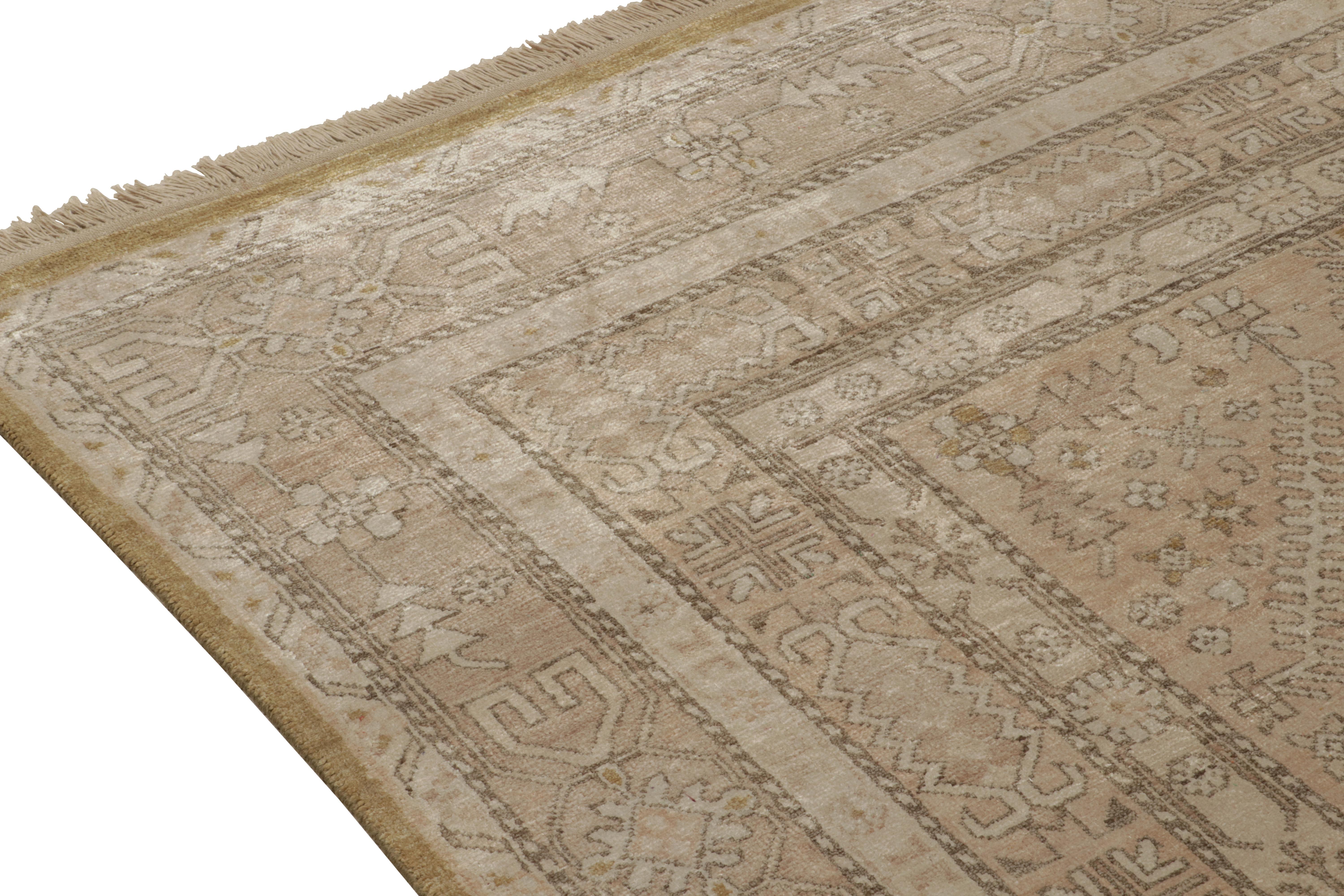 Rug & Kilim’s Classic Khotan Style Rug in Beige & Pink Diamonds, Floral Patterns In New Condition For Sale In Long Island City, NY