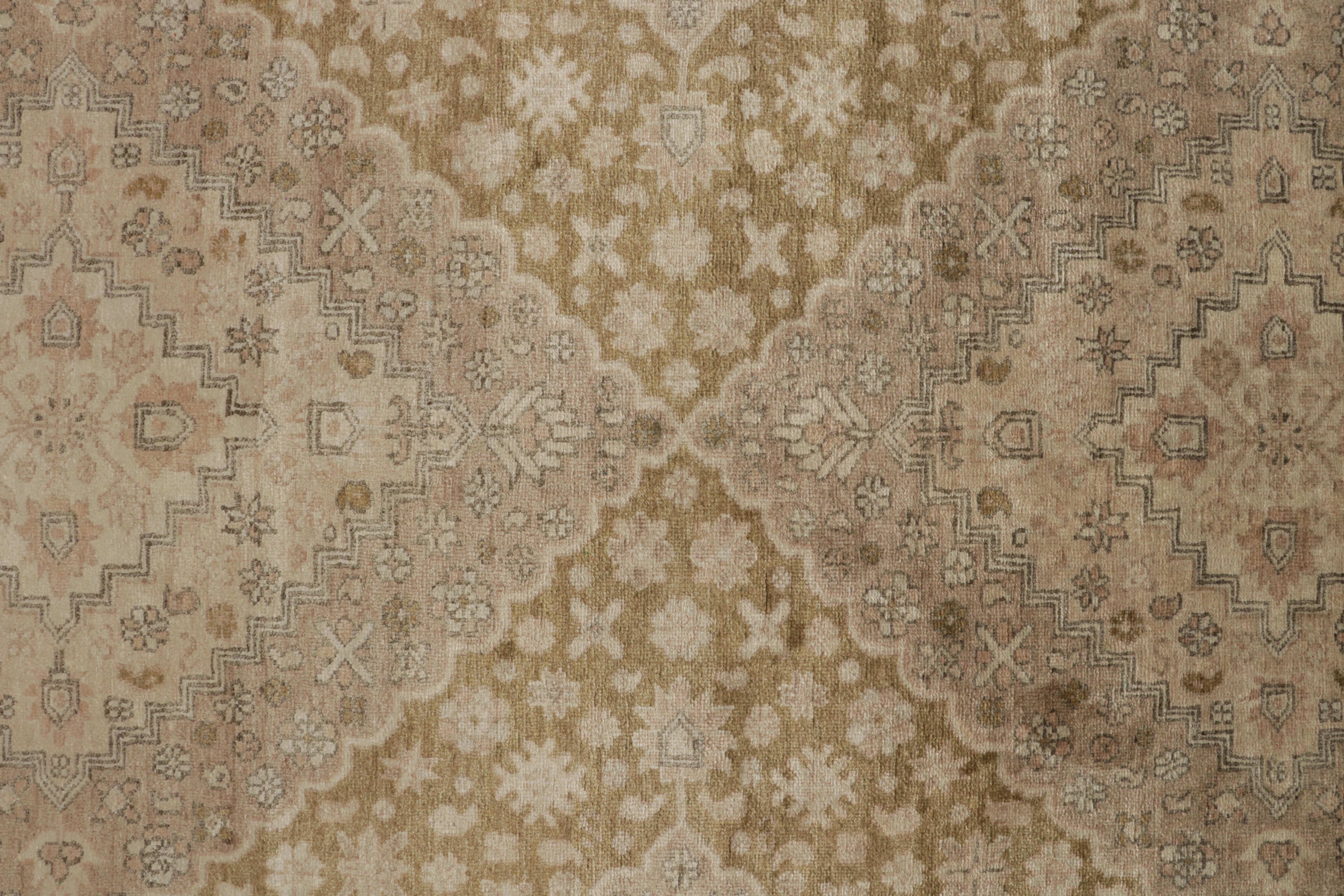 Contemporary Rug & Kilim’s Classic Khotan Style Rug in Beige & Pink Diamonds, Floral Patterns For Sale