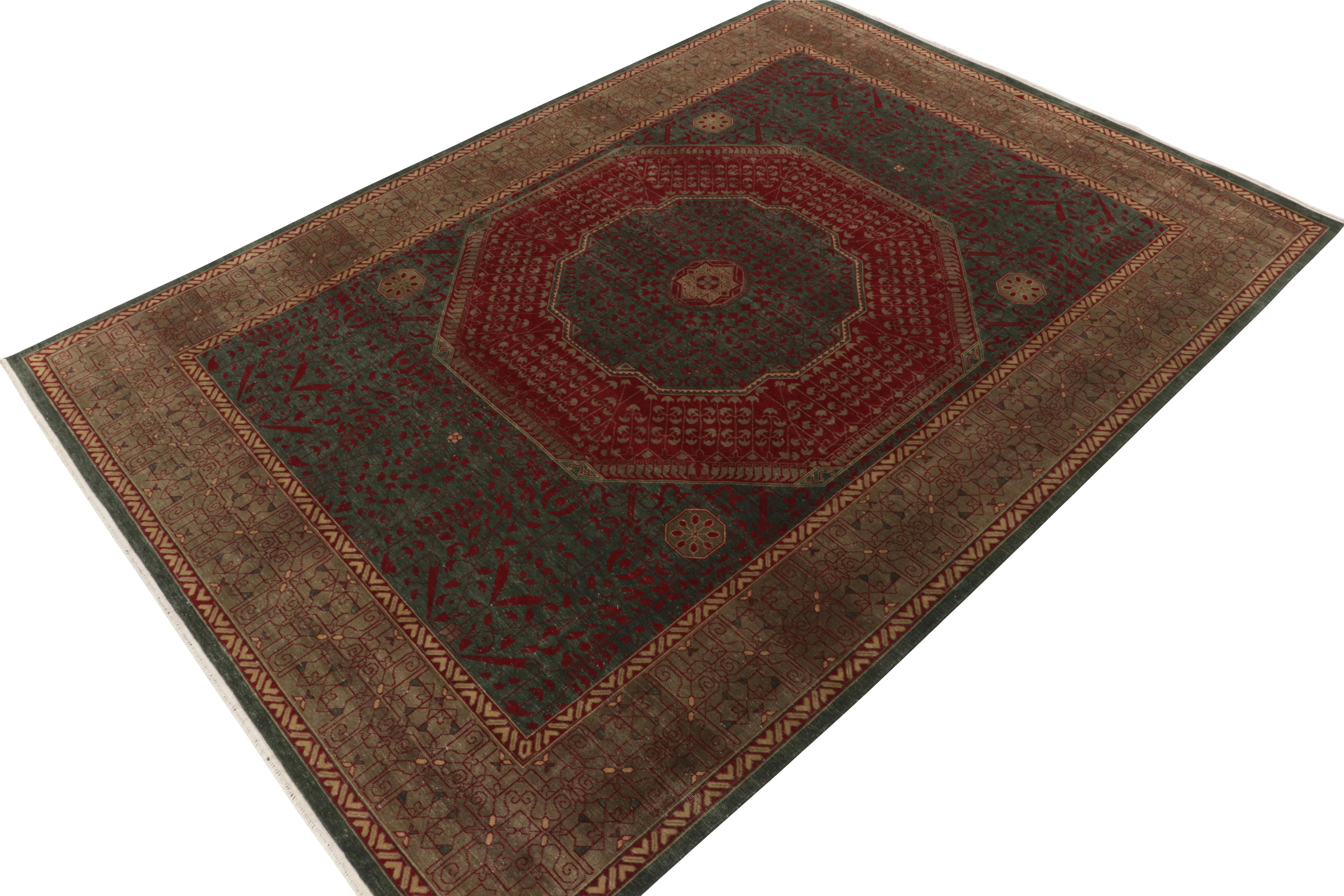 Hand-knotted in fine quality wool & silk, a gorgeous 10x14 rug inspired by 17th century antique Mogul rugs.

On the Design: New to our Modern Classics collection, the design depicts an elaborate classic geometric-floral design in teal green, red &
