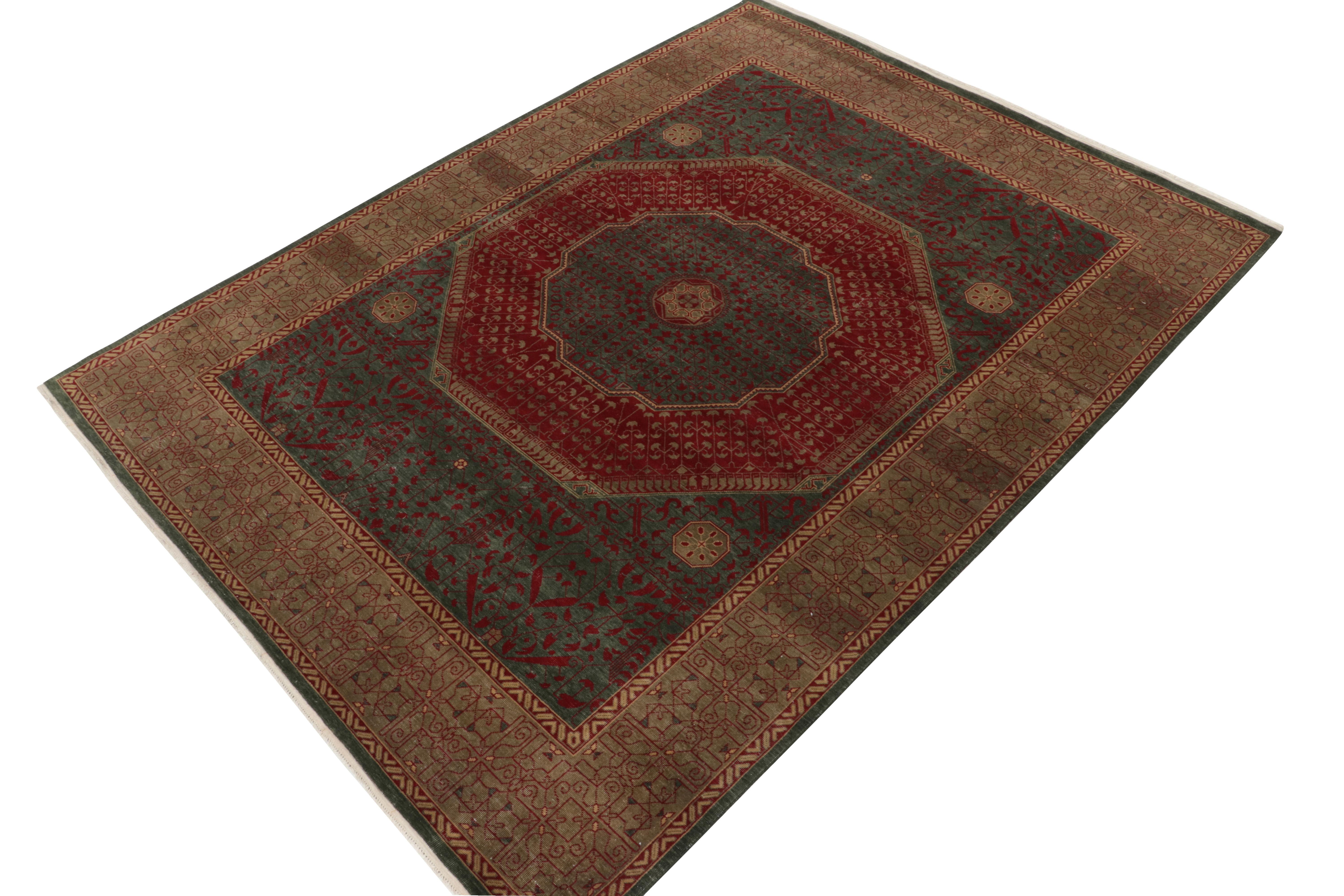 Hand-knotted in fine quality wool & silk, a gorgeous 9x12 rug inspired by 17th century antique Mogul rugs.

On the Design: New to our Modern Classics collection, the design depicts an elaborate classic geometric-floral design in teal green, red &