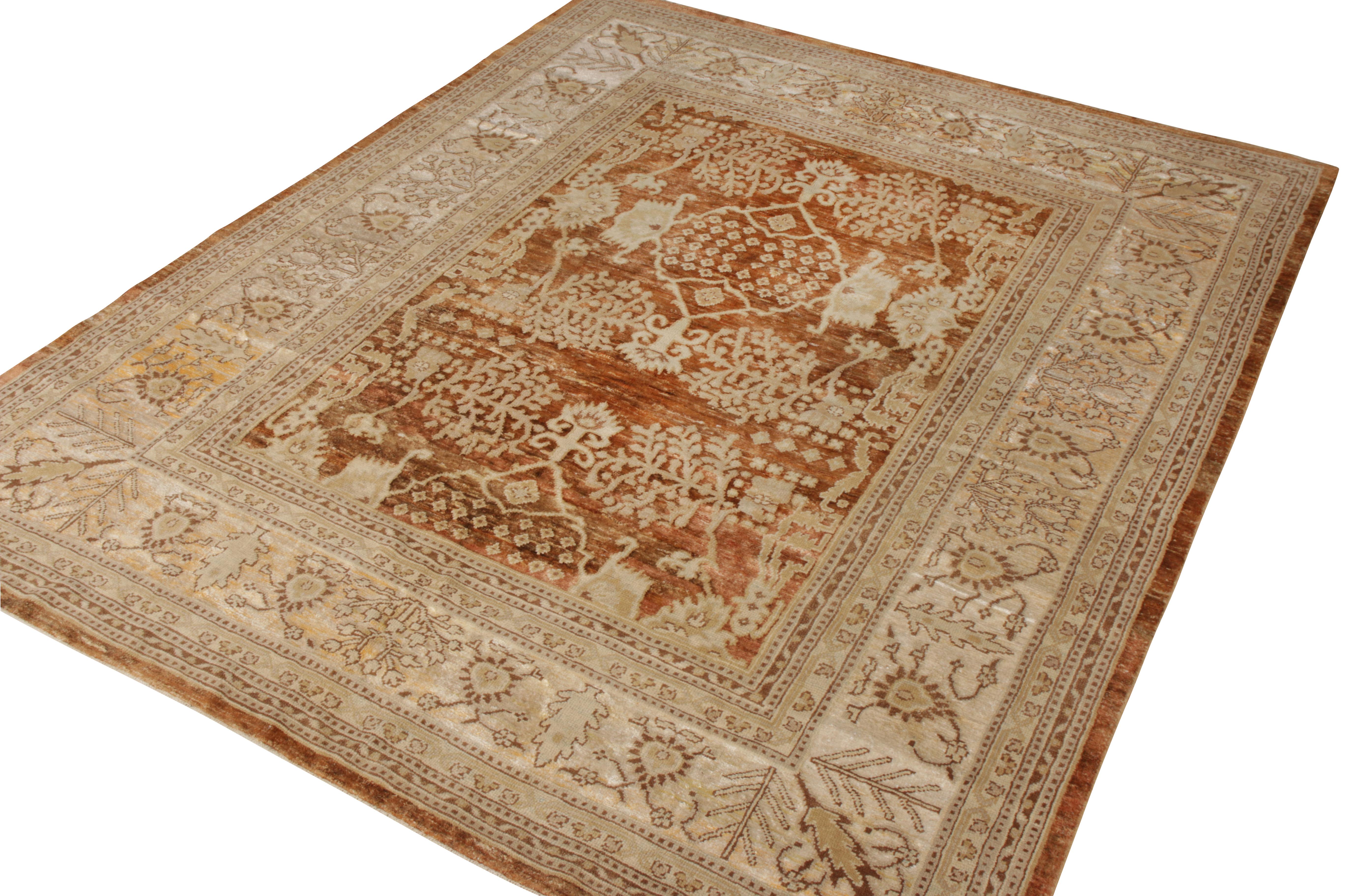 Indian Rug & Kilim’s Classic Oushak Style Rug in Beige-Brown Floral Pattern For Sale