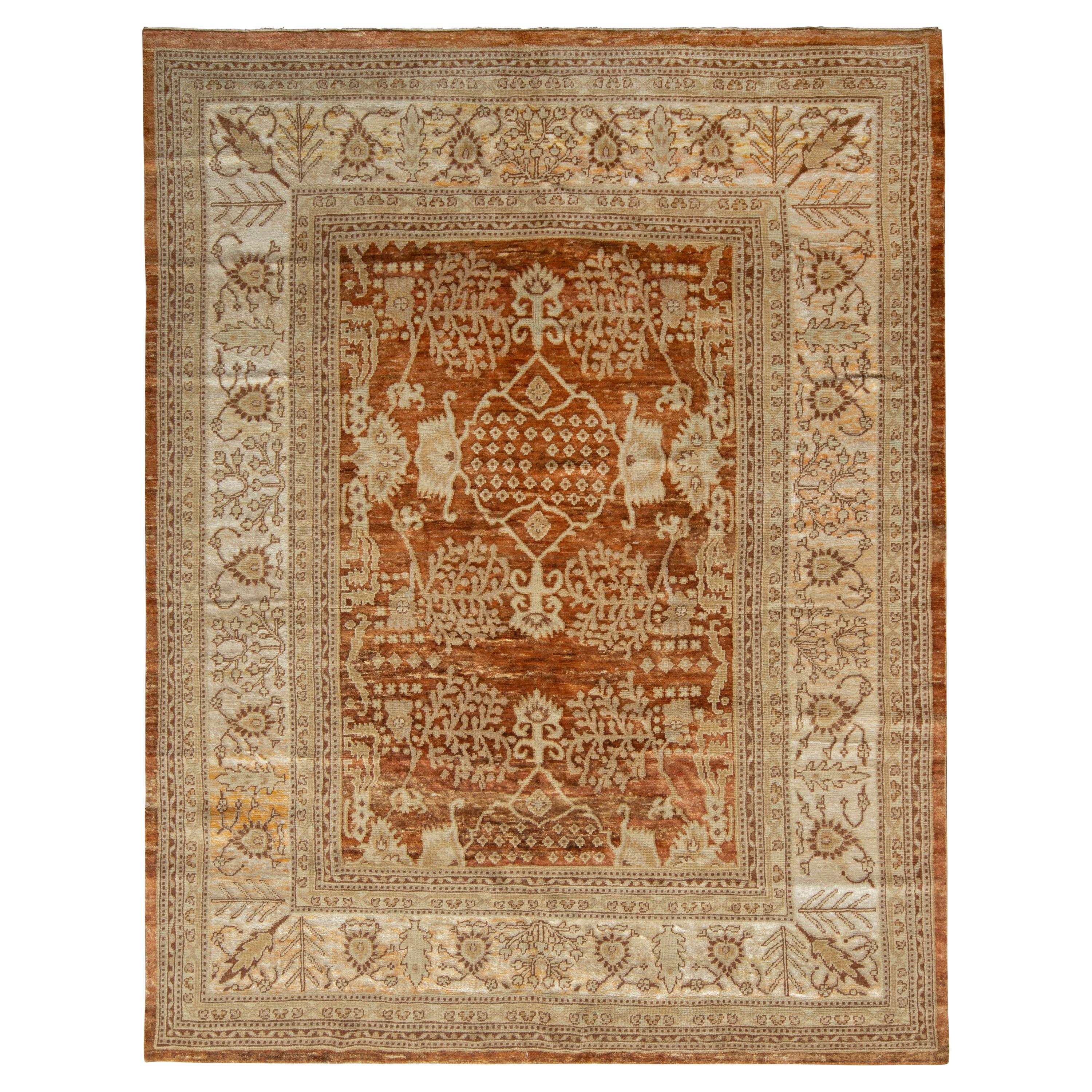 Rug & Kilim’s Classic Oushak Style Rug in Beige-Brown Floral Pattern For Sale