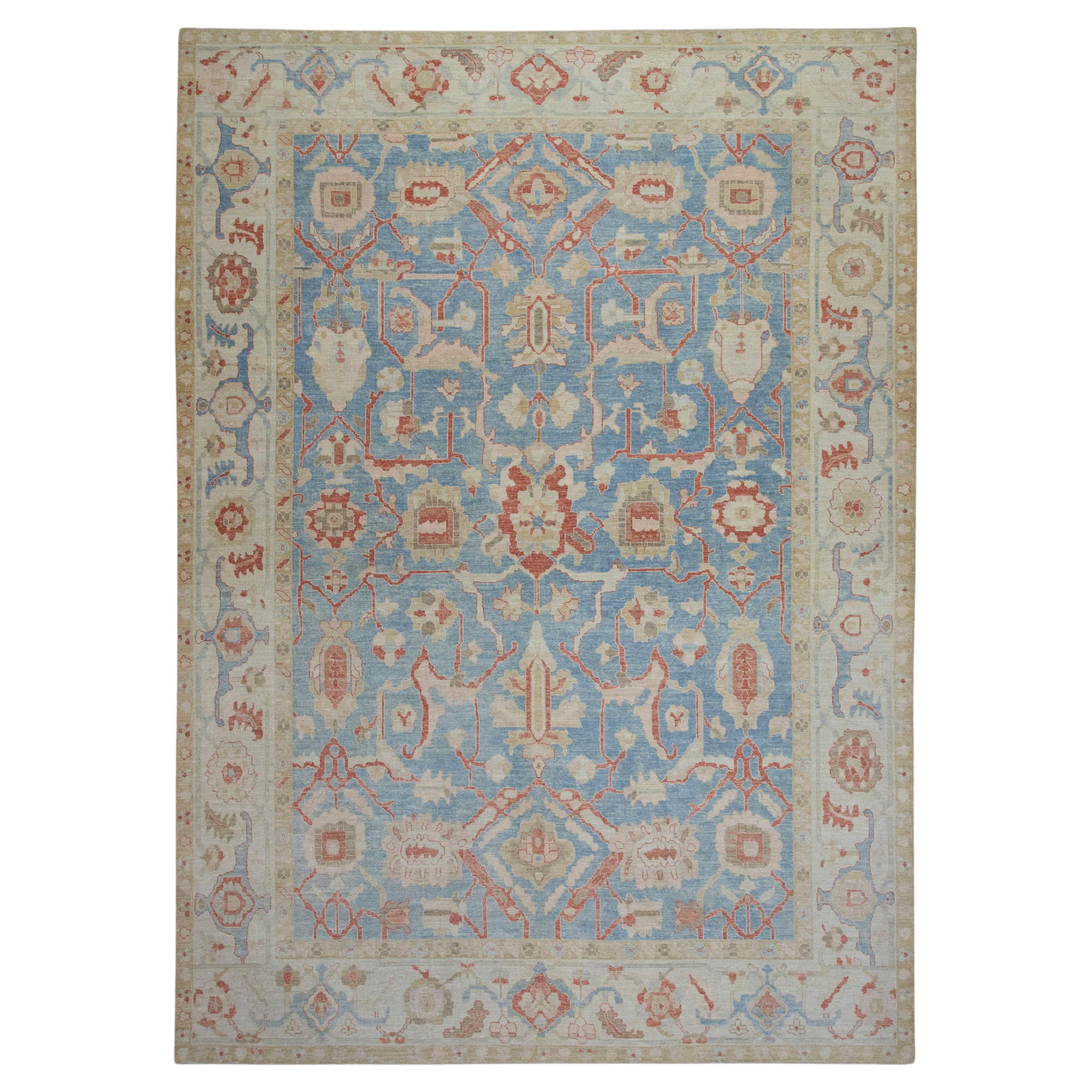 Antique Oushak Floral Rug Green Pink and Cream AllOver Pattern by Rug and Kilim For Sale at