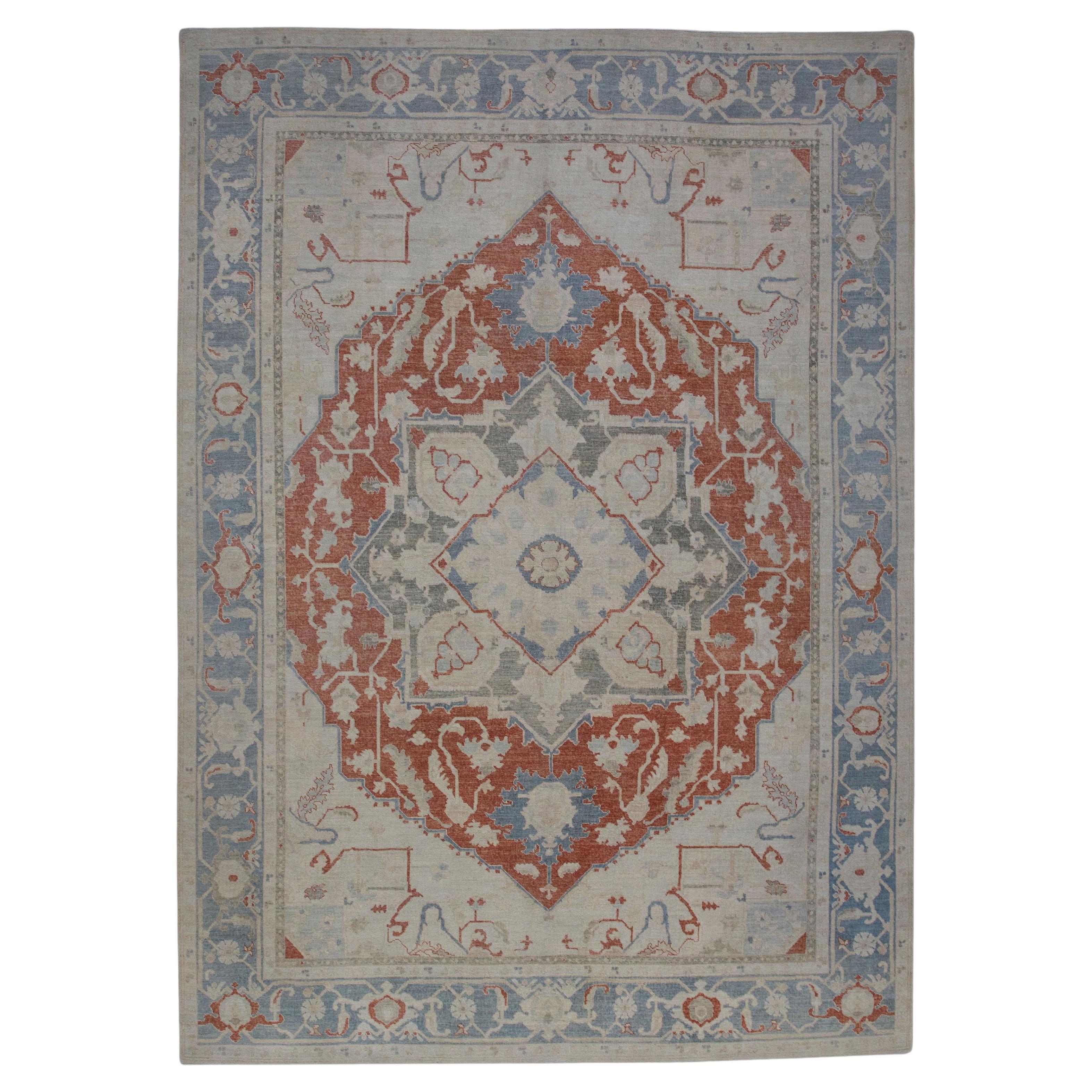 Rug and Kilim’s Classic Oushak Style Rug in Blue with Red Medallion