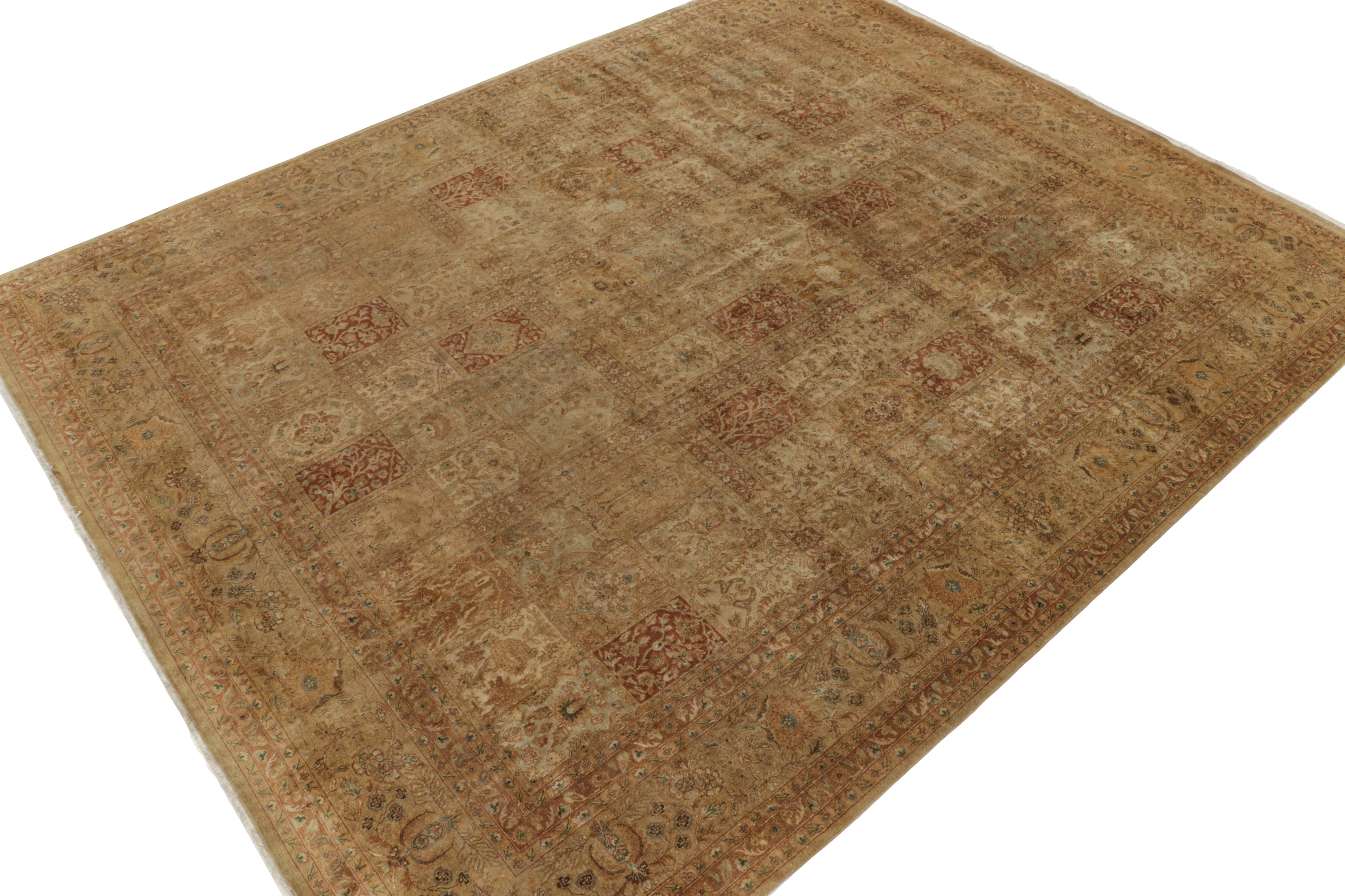 Hand-knotted in wool, this 12x15 contemporary rug from our Modern Classics collection pays homage to antique Persian rug styles.

On the Design: A gracious large scale hosts gorgeous florals in rich beige-brown and red with gold and blue accents.