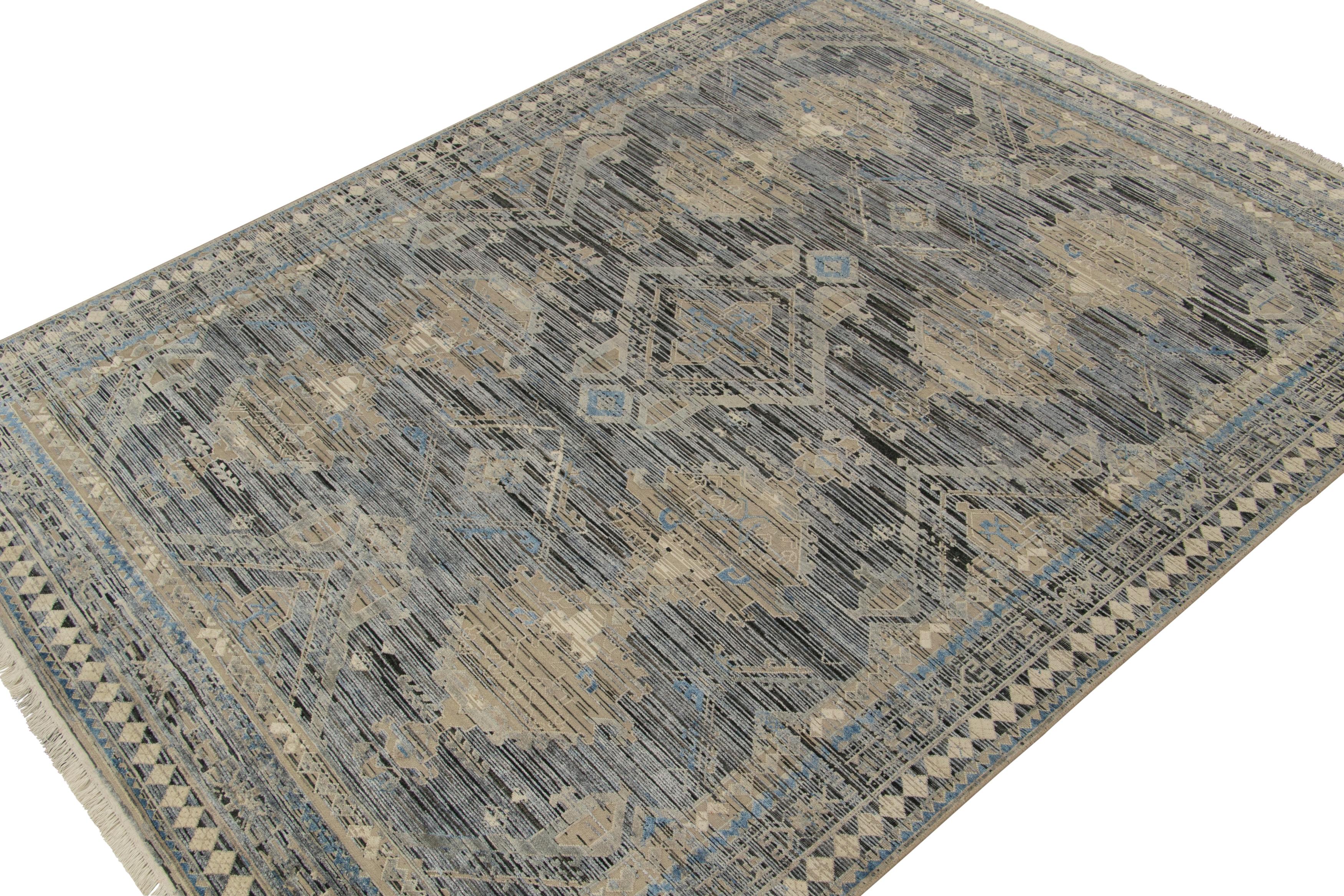 A 9x12 rug inspired from antique Persian rug styles, from Rug & Kilim’s Modern Classics Collection. Hand knotted in wool & silk, playing exceptional modern tones of blue, beige and silver-gray in graceful classic patterns.

Further On the