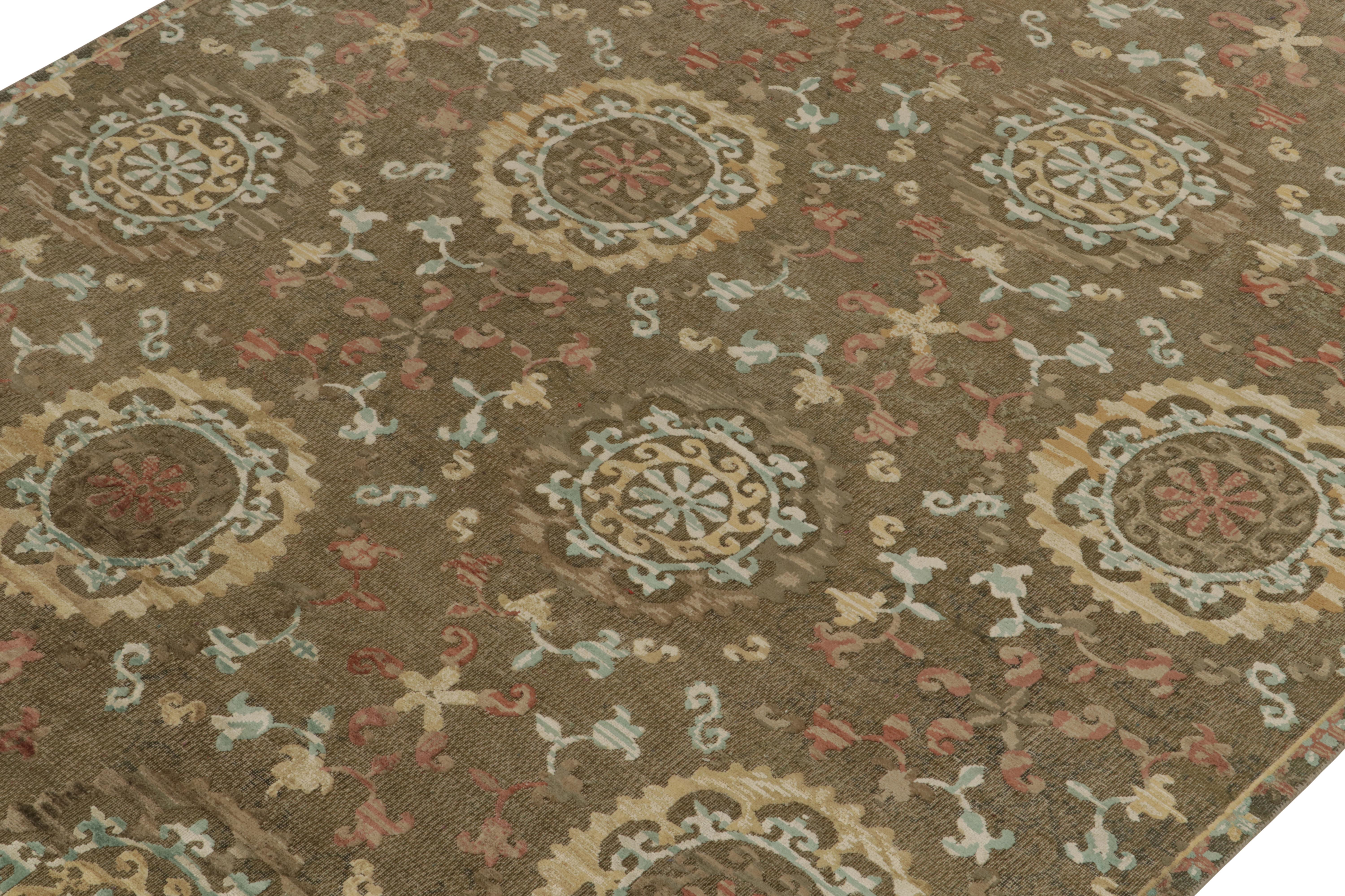 Indian Rug & Kilim’s Classic Spanish Style Rug in Beige-Brown, Gold & Blue Medallions For Sale