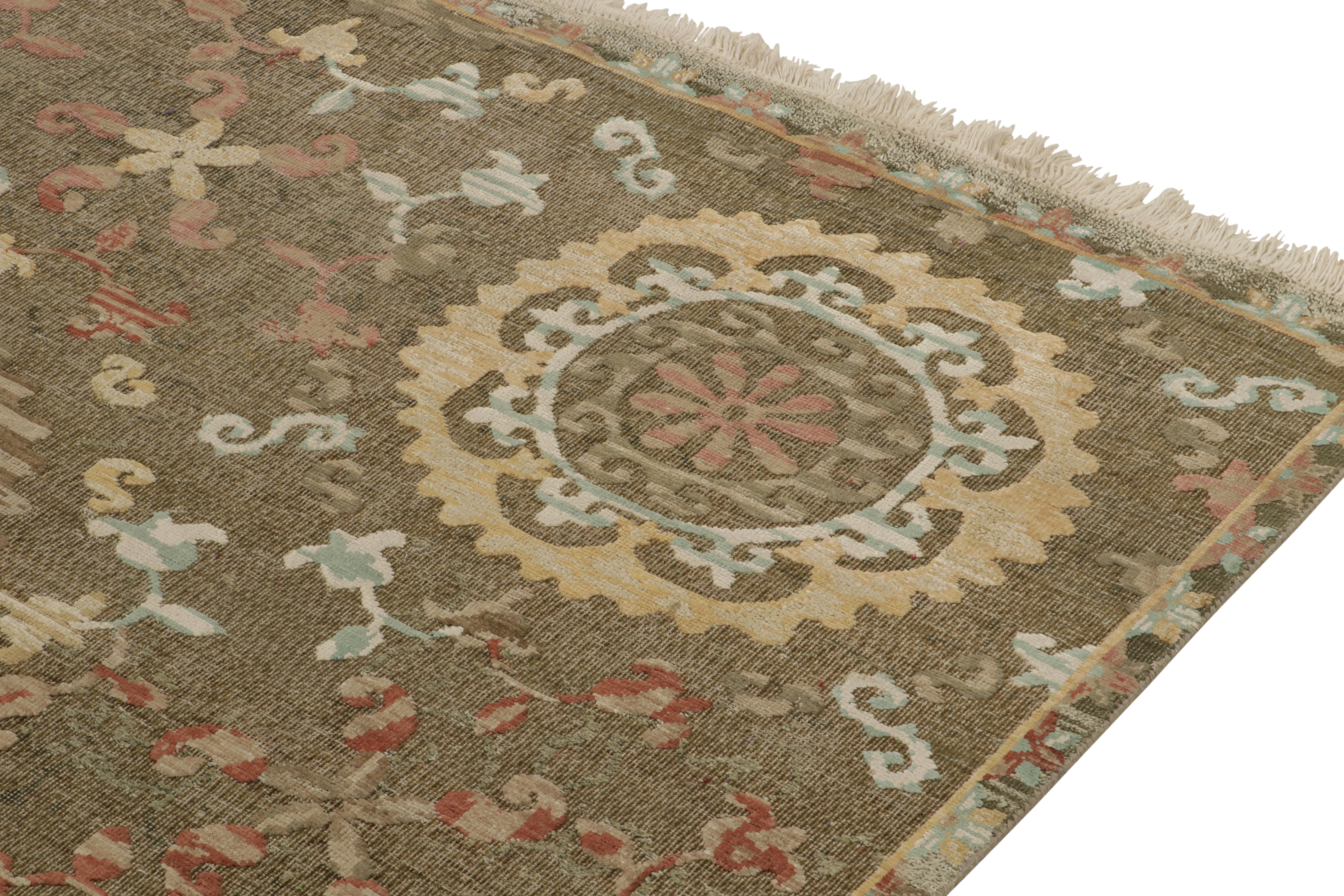 Indian Rug & Kilim’s Classic Spanish Style Rug in Beige-Brown, Gold & Blue Medallions For Sale