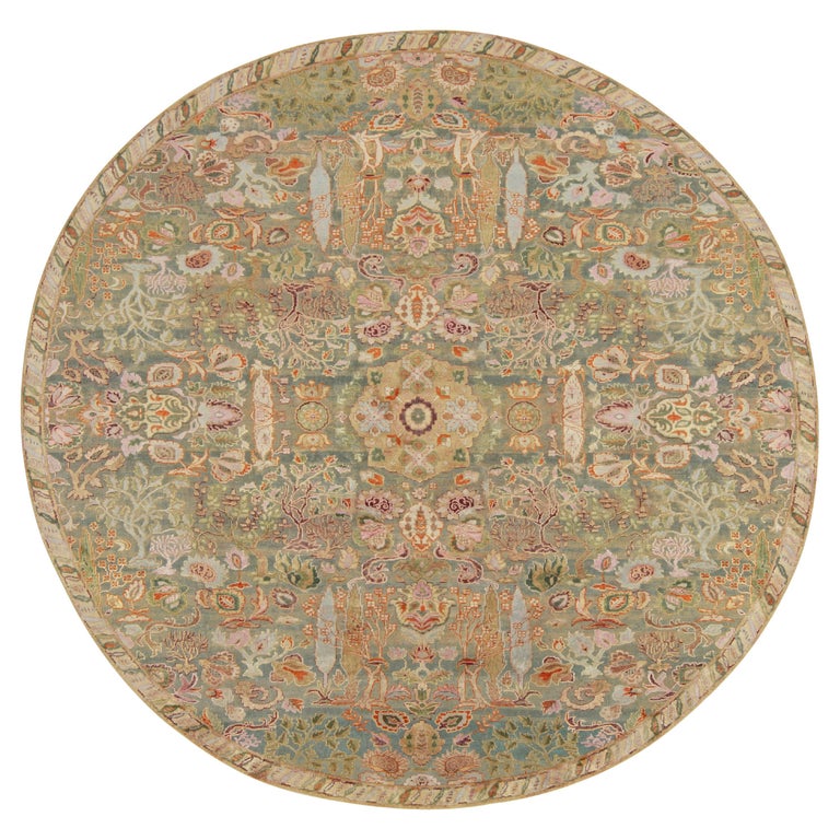 Classic Style Circle Rug in Green, Blue and Beige Floral Pattern by Rug