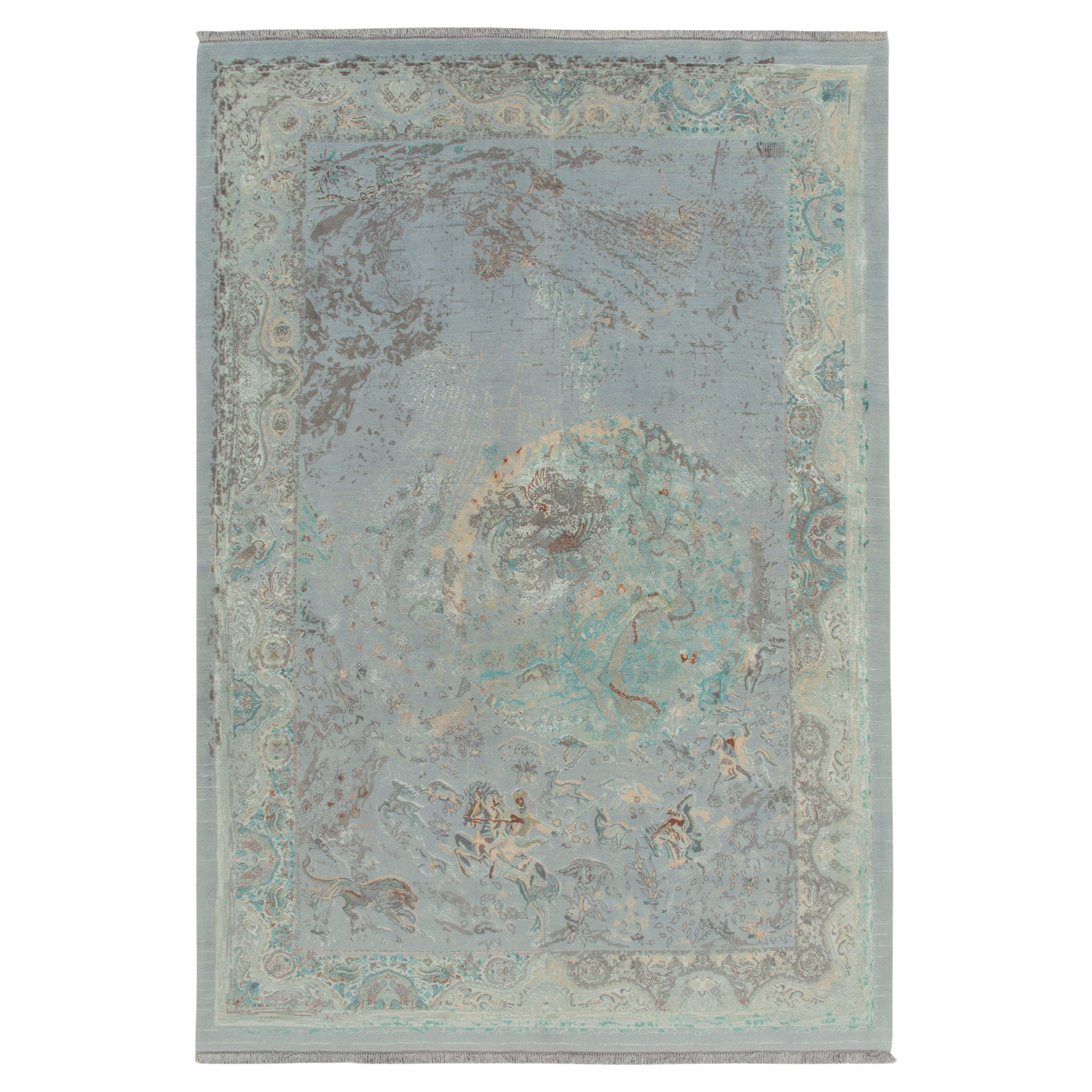 Rug & Kilim’s Classic Style Contemporary Rug in Blue-Grey Pictorials For Sale