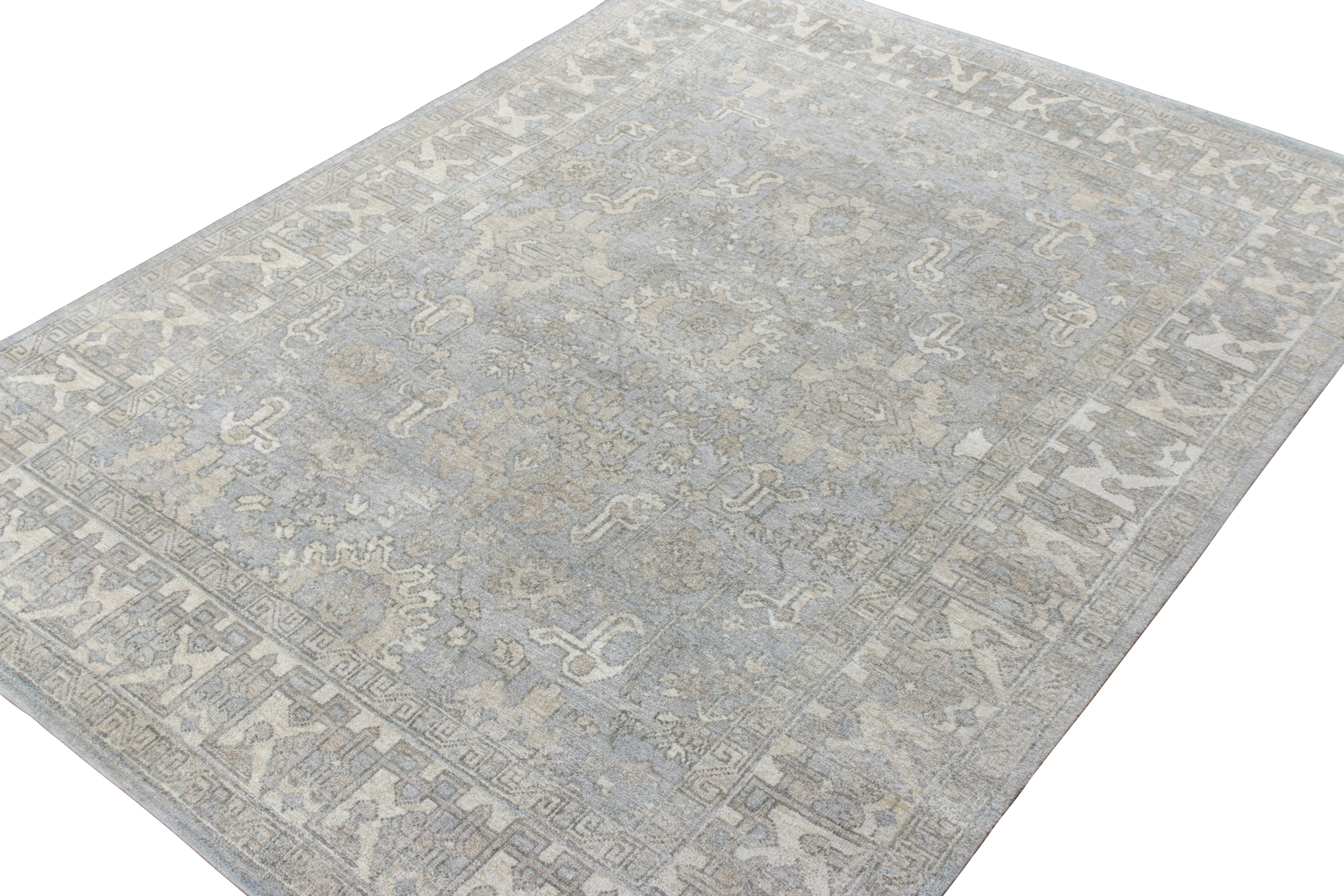 Mid-Century Modern Rug & Kilim’s Classic Style Custom Rug in All over Gray, Blue Floral Pattern For Sale