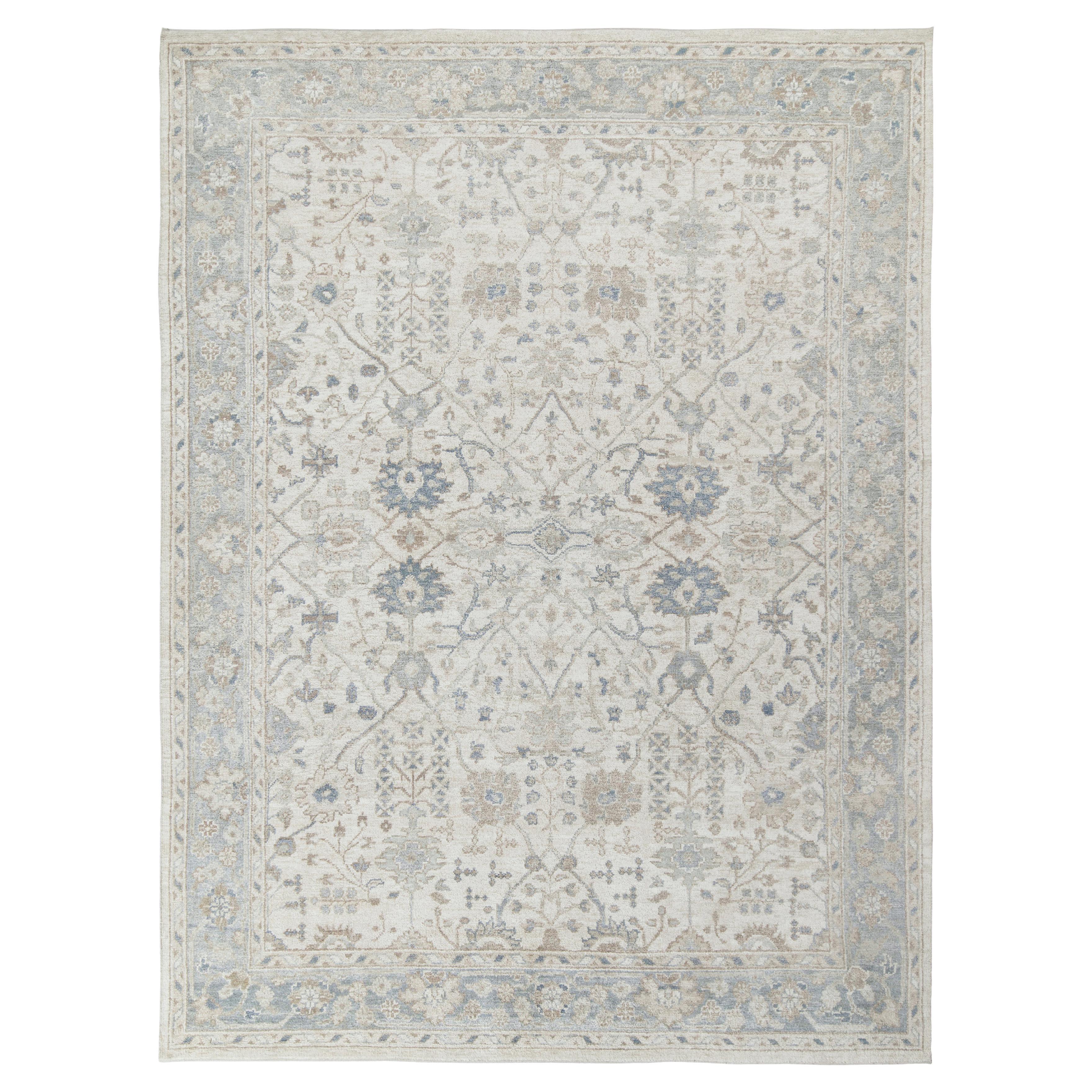 Rug & Kilim’s Classic Style Custom Rug in All over Gray, Blue Floral Pattern