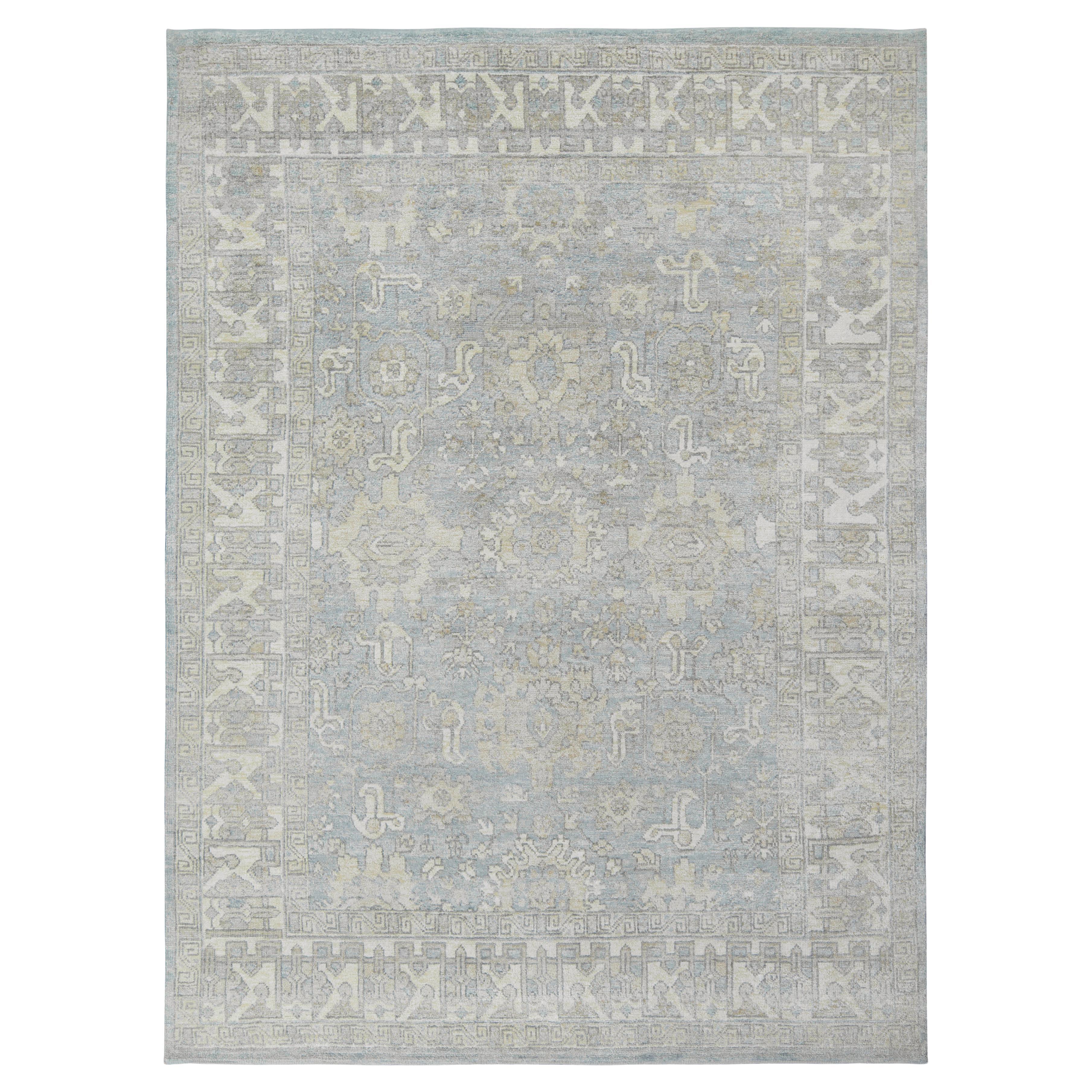 Rug & Kilim’s Classic Style Custom Rug in All over Gray, Blue Floral Pattern For Sale