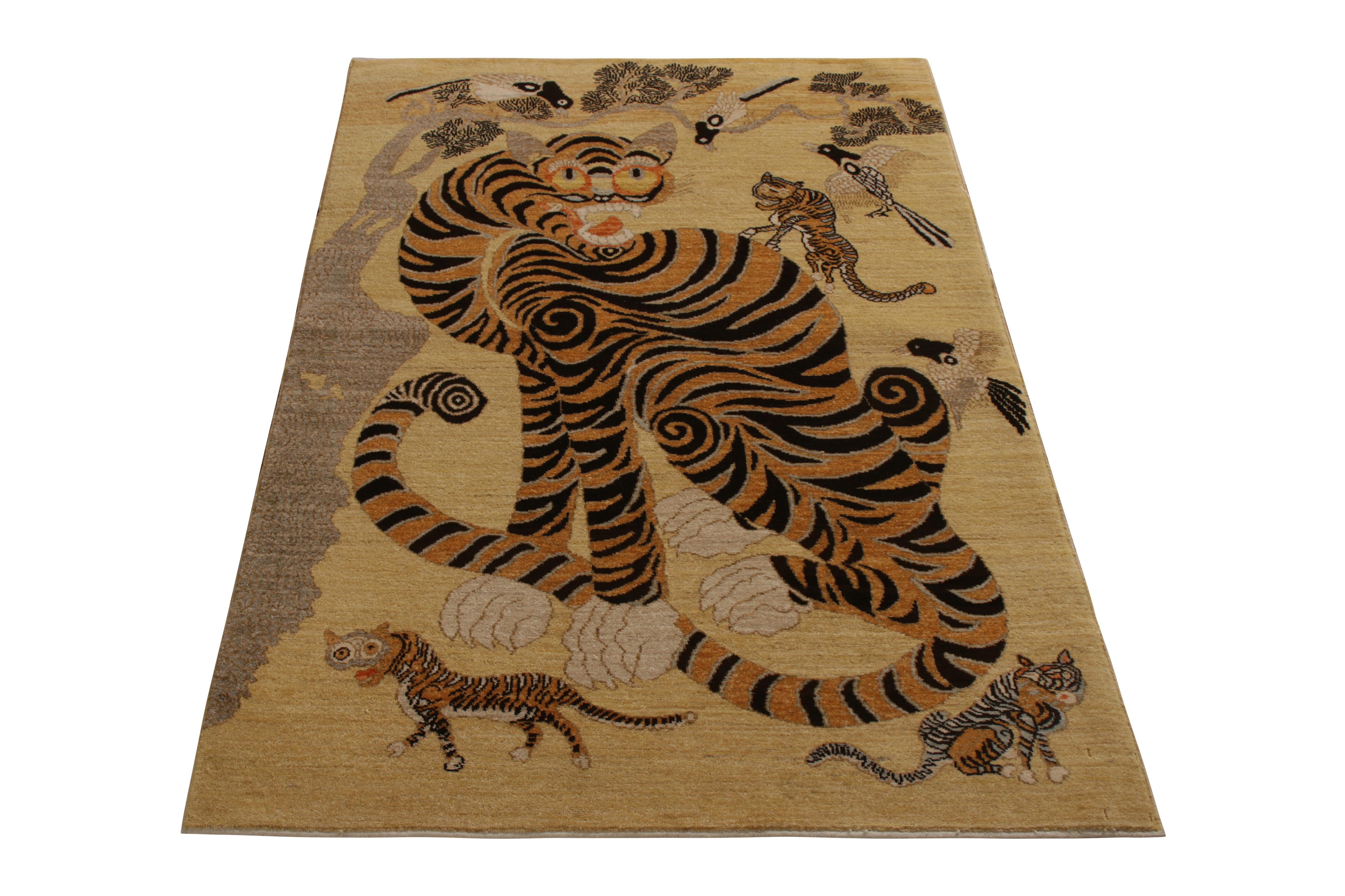An ode to classic Oriental Tiger styles from the titular new collection by Rug & Kilim. Hand knotted in wool, available in 11-12 weeks upon request in all color and size variations. 

On the design: Heavily inspired by folk art, this 3x5 Tiger rug
