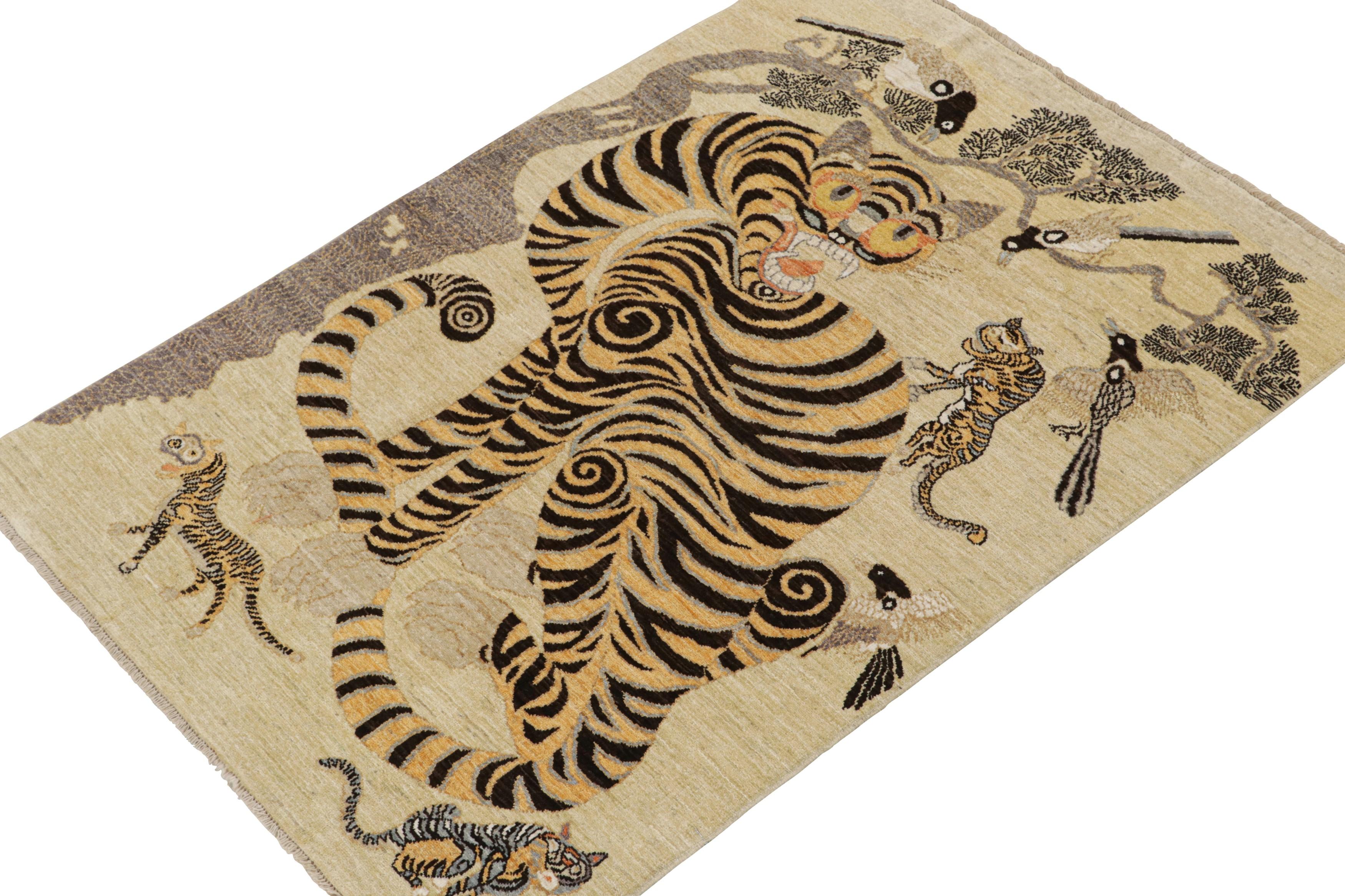 Afghan Rug & Kilim’s Classic-Style Custom Tiger-Skin Rug with Gold & Black Pictorial For Sale