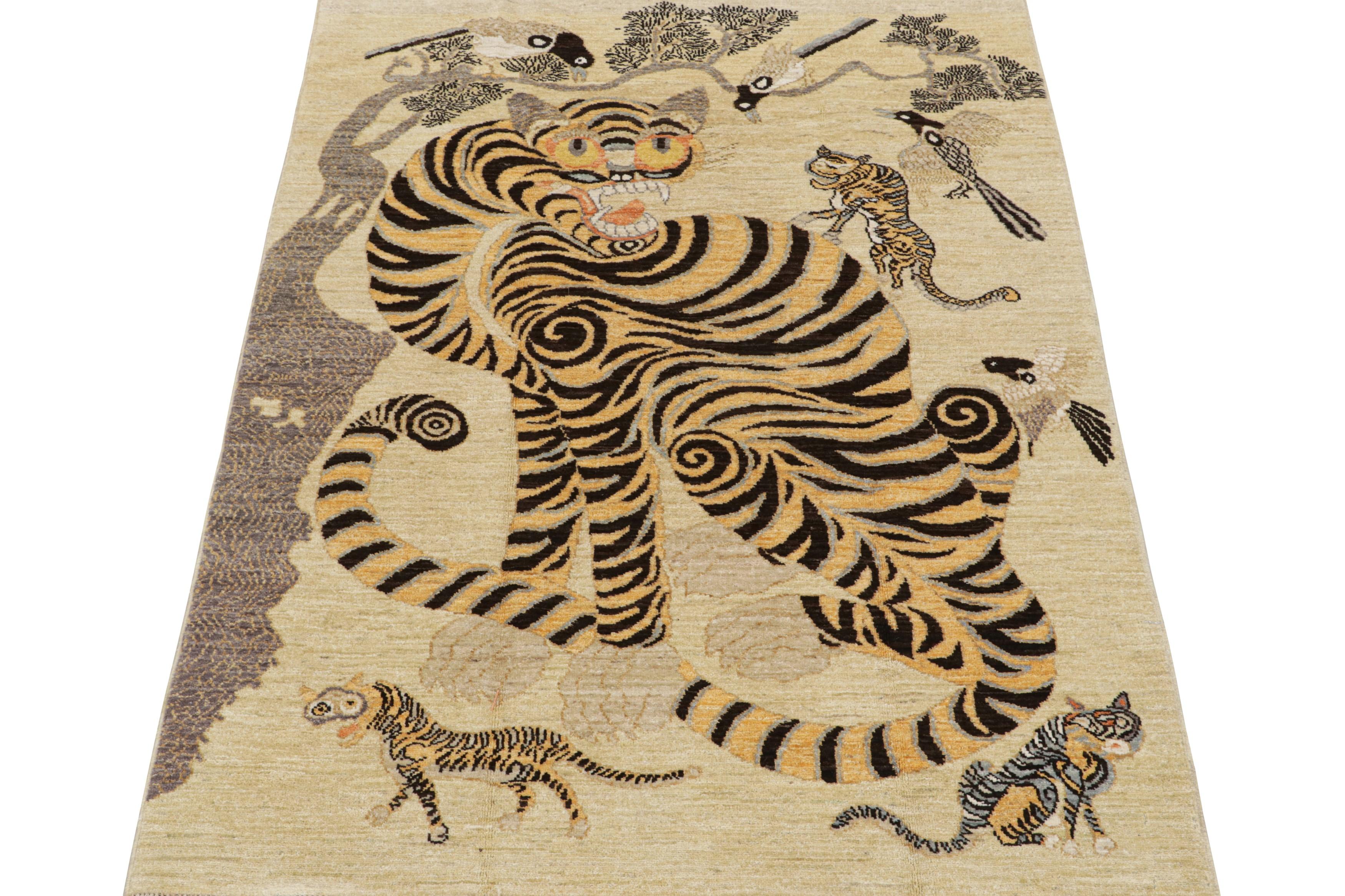 Hand-Knotted Rug & Kilim’s Classic-Style Custom Tiger-Skin Rug with Gold & Black Pictorial For Sale