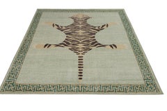 Rug & Kilim’s Classic Style Pictorial Tiger Rug in Green Distressed Style 10x14
