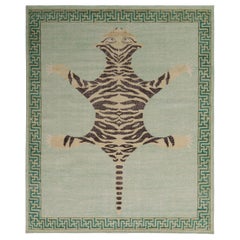Rug & Kilim’s Classic Style Pictorial Tiger Rug in Green Distressed Style 10x14