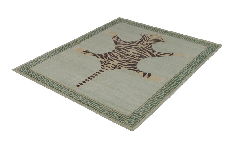 Rustic Rug & Kilim’s Classic Style Pictorial Tiger Rug in Green Distressed Style For Sale