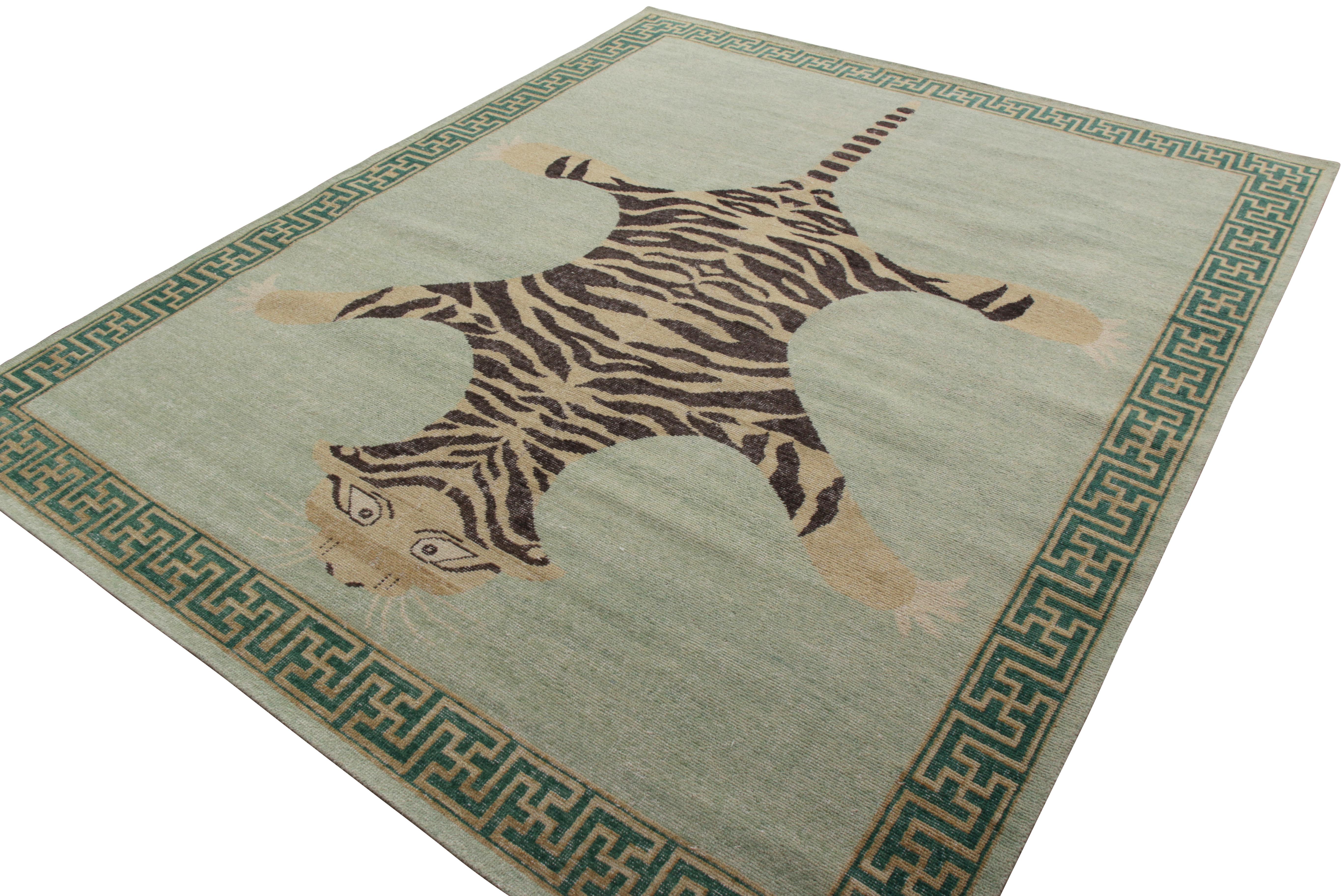 Rustic Rug & Kilim’s Classic Style Pictorial Tiger Rug in Green Distressed Style For Sale