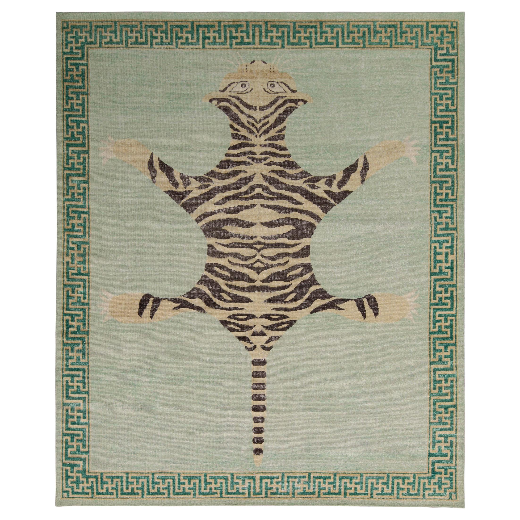 Rug & Kilim’s Classic Style Pictorial Tiger Rug in Green Distressed Style For Sale