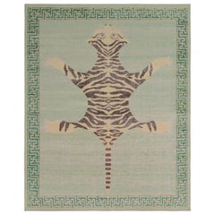 Rug & Kilim’s Classic Style Pictorial Tiger Rug in Green Distressed Style