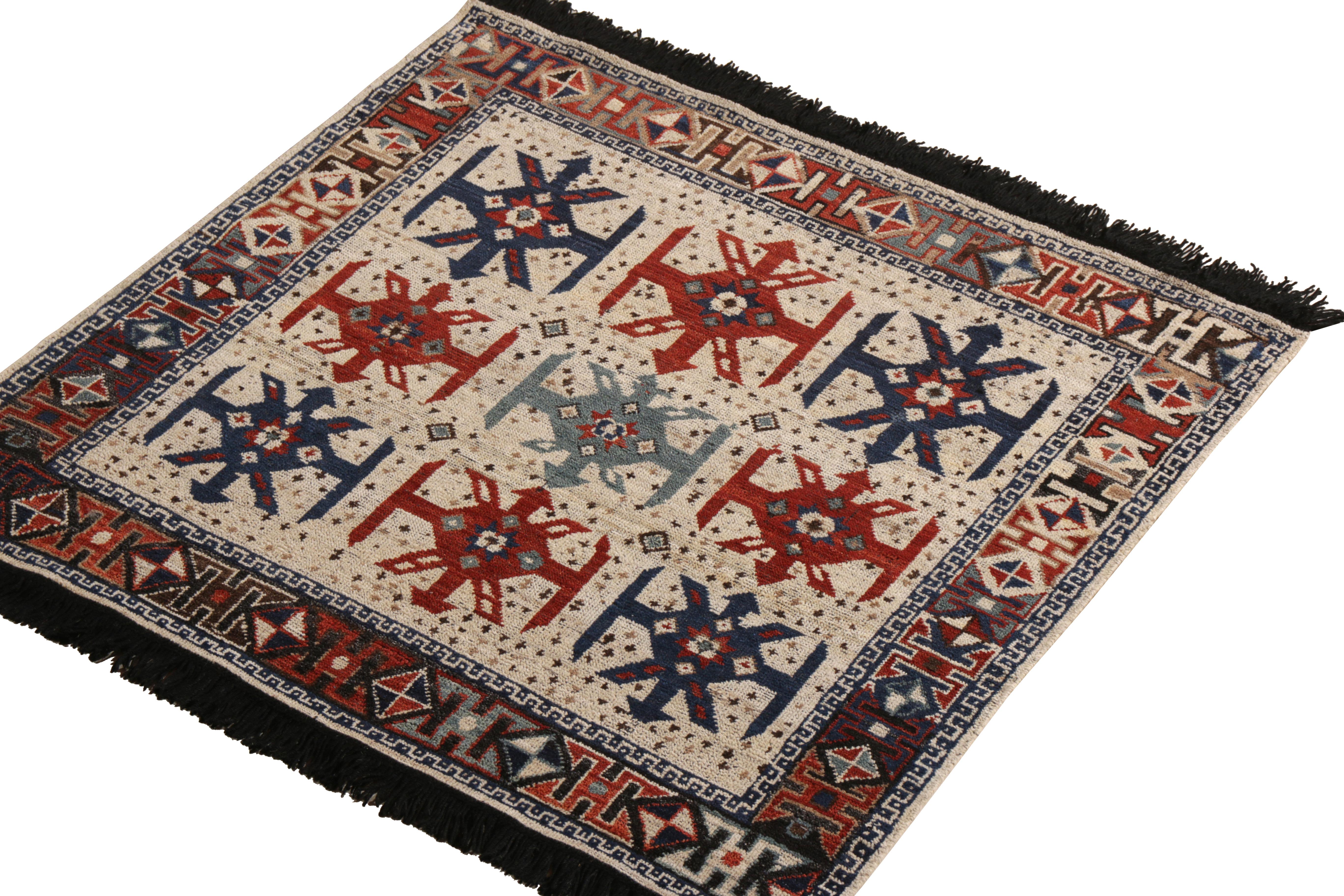 A 4x4 ode to classic tribal rug styles from Rug & Kilim’s Burano Collection. Hand knotted in soft Ghazni wool, playing rich burgundy and blue on beige in medallions and similar geometric patterns. 

On the design: The play of the square size with