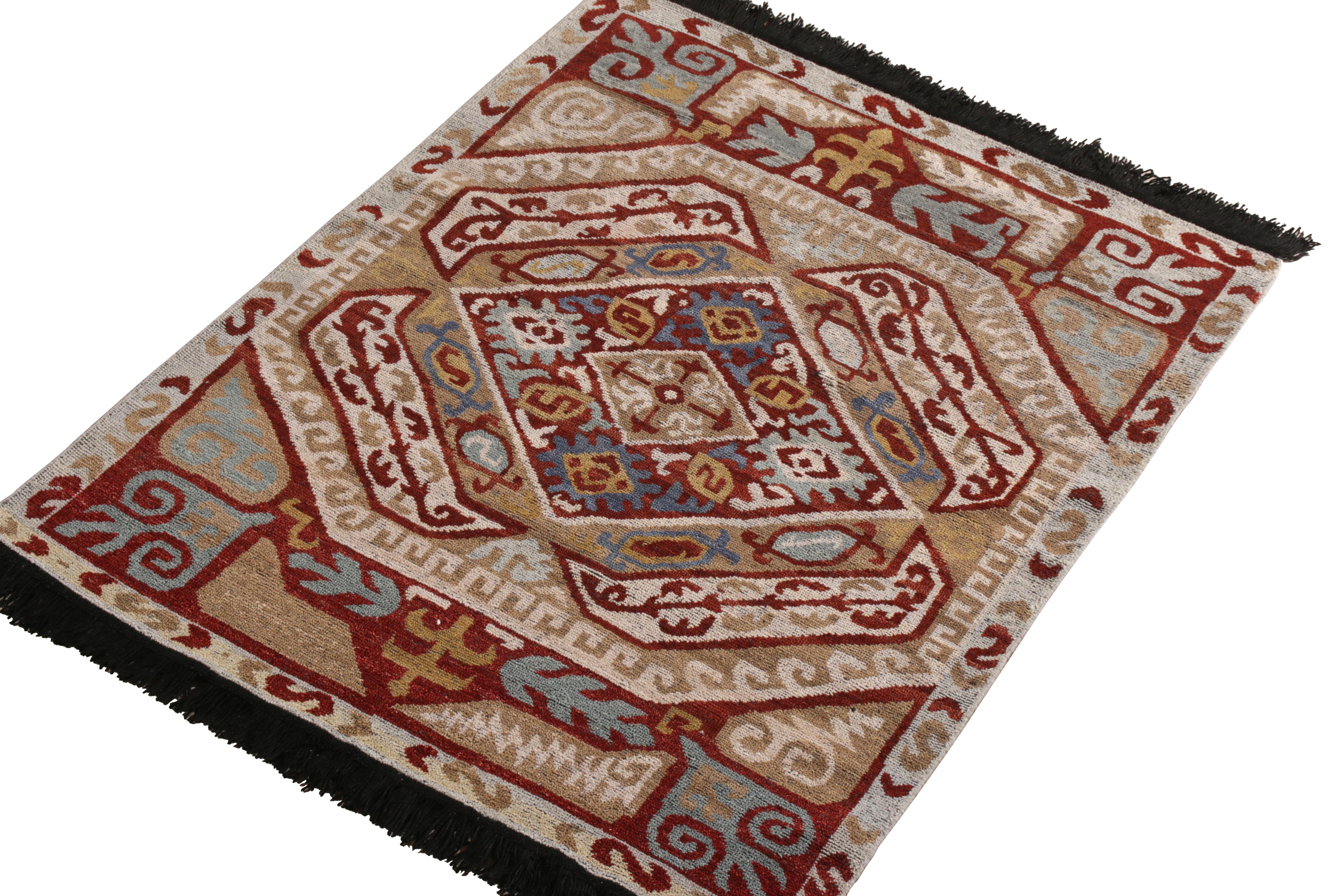 A 4x5 ode to venerated tribal rug styles from Rug & Kilim’s Burano Collection. Hand knotted in notably soft Ghazni wool, enjoying beige-brown and red hues in the prevailing colorways honoring classic rugs. 

On the design: Varied blue accents