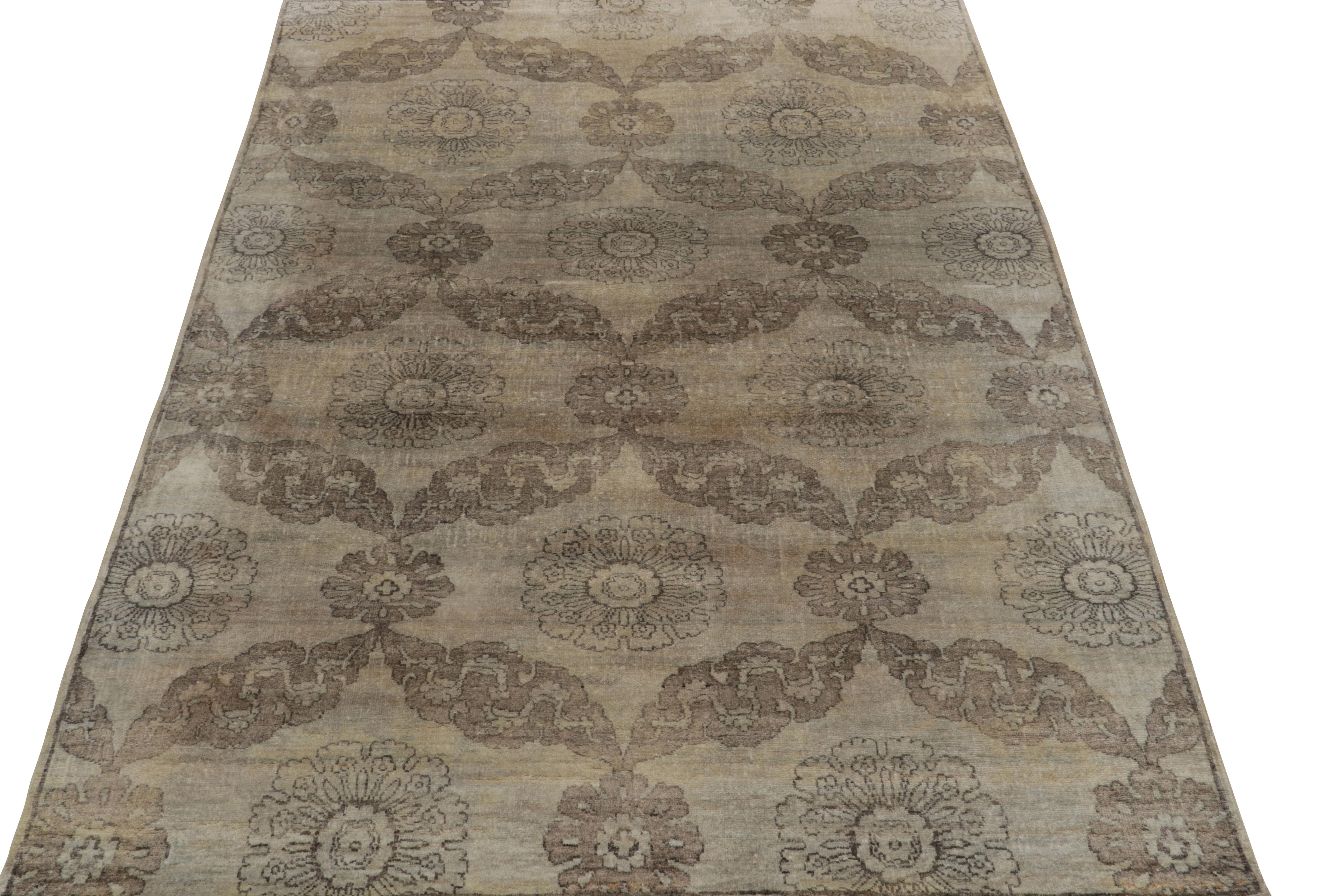 Indian Rug & Kilim’s Classic Style Rug in Beige-Brown and Silver-Gray Floral Patterns For Sale