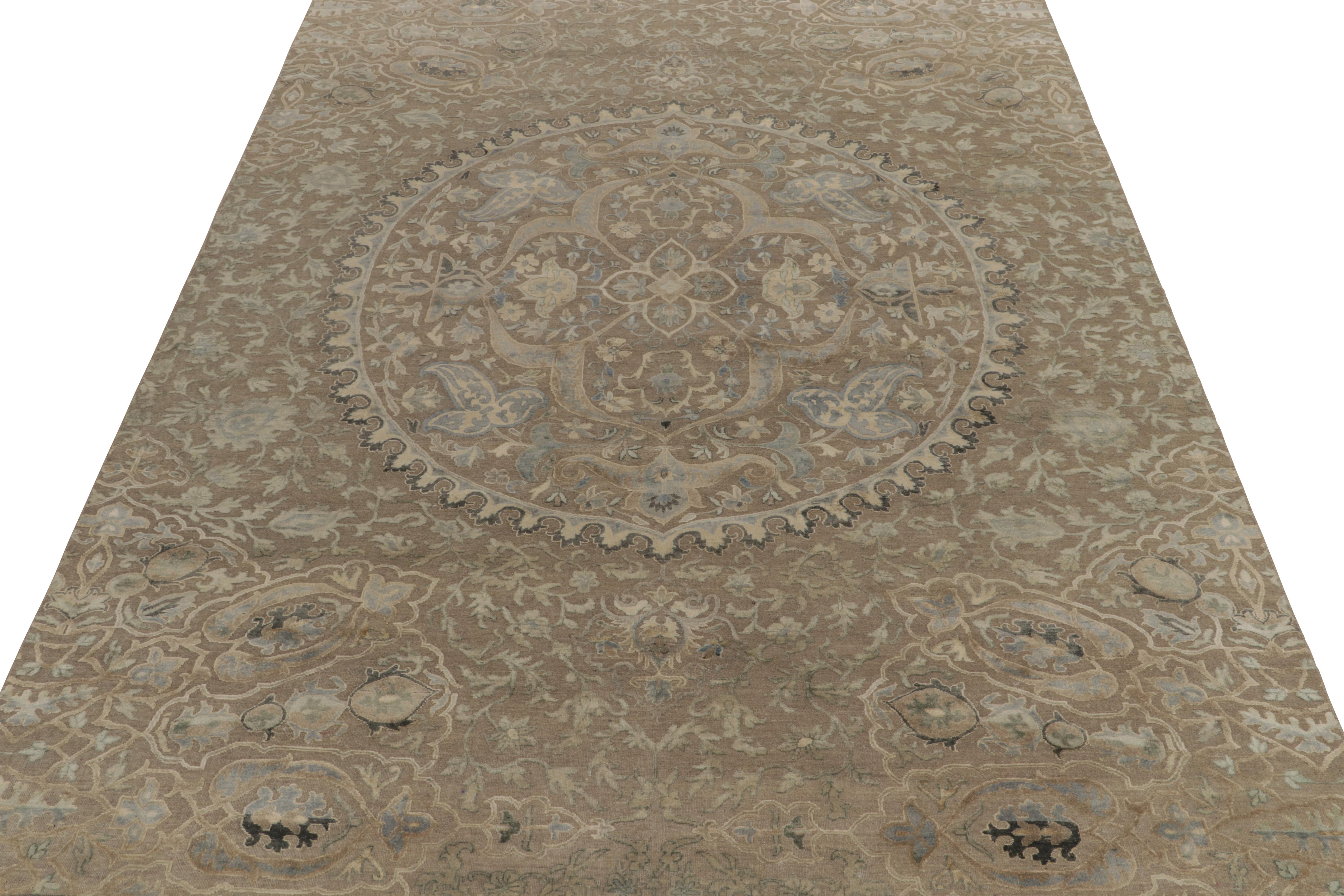 Indian Rug & Kilim’s Classic style rug in Beige, Gray and Blue Medallion Floral Pattern For Sale