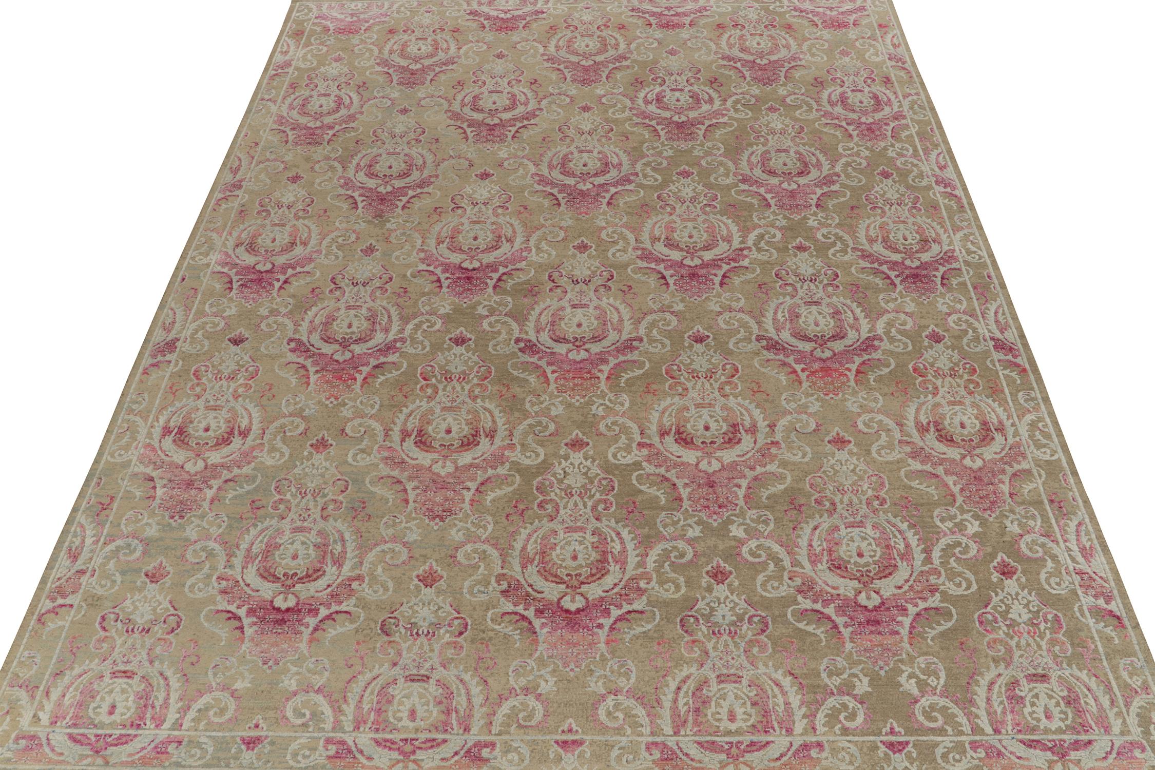 Indian Rug & Kilim’s Classic Style rug in Beige with Pink and Pale Blue Floral Patterns For Sale